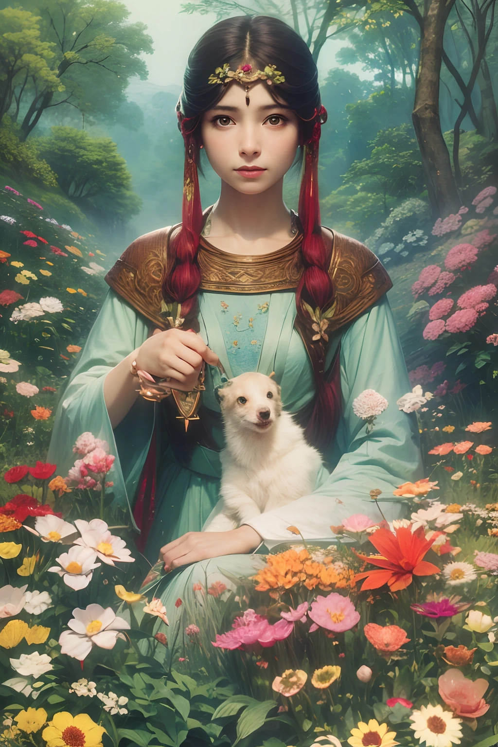 Arte inspirada no estilo do artista U-jin,eyesight, (three tas: 2) Stable diffusion is the best image quality, Morning sunshine, Spring scenery, orvalho e flores, cabelo voador, Vivendo em uma terra de sonhos de cogumelos e contos de fadas, Viajando, Executando, e rindo. caminho da floresta
