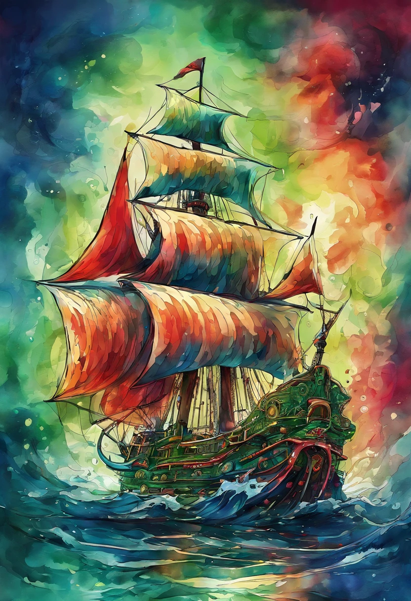 3d watercolor abstract,Dark background,high resolution,High quality,Colorful,Green,Red,Blue,Sail ships,sea monster,tentaculata,the sea,