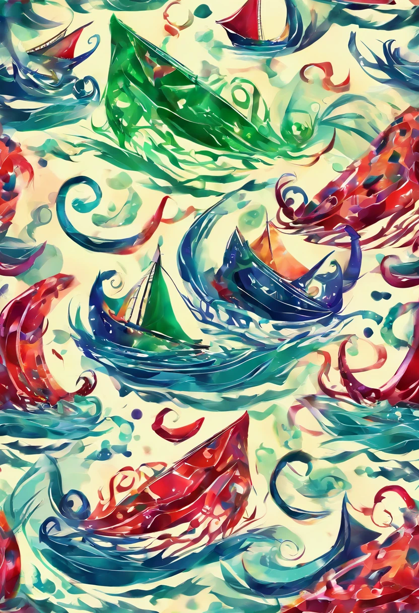3d watercolor abstract,Dark background,high resolution,High quality,Colorful,Green,Red,Blue，Sail ships，sea monster，tentaculata，the sea，