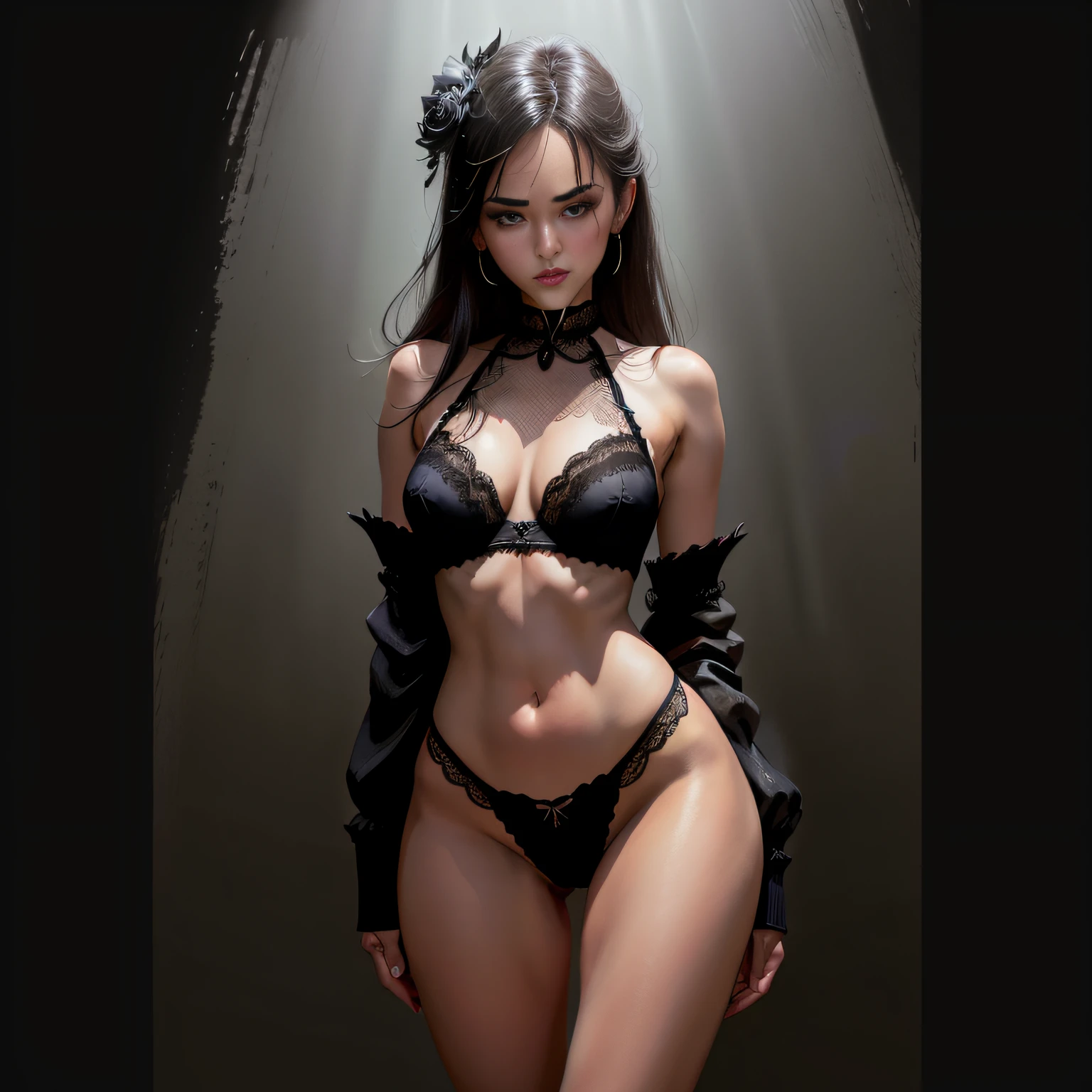Uma qualidade de imagem ultra-alta, super detalhe, 超A high resolution, Transcendent Sexy Erotic Woman, double eyelids, loving expression, obscene expression, , castanho claro, reto, reluzente, cabelo fluindo em camadas, seios medios, Abs, perfectly proportions, Fino, lingerie de renda preta, Very small bra and lace panties, Liga do Amor, meias altas do joelho, coxas coxas coxas coxas coxas, sente-se com as pernas bem abertas, quarto, emocionante, professional lighting