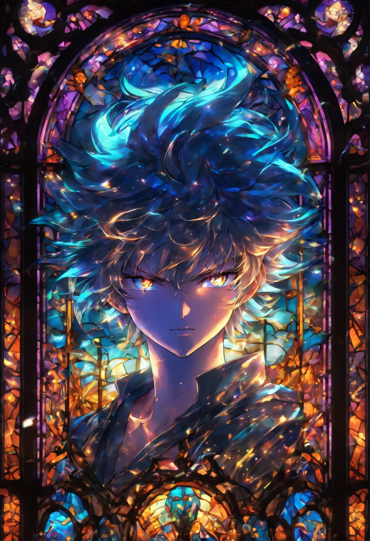 stained glass (High transparency. real(Thin, delicate, high quality, clear, vivid, high transparency.shine. A mess)collection of broken glass。Let's do this)Halloween party.、。Trick art.。dim night。telescope lens