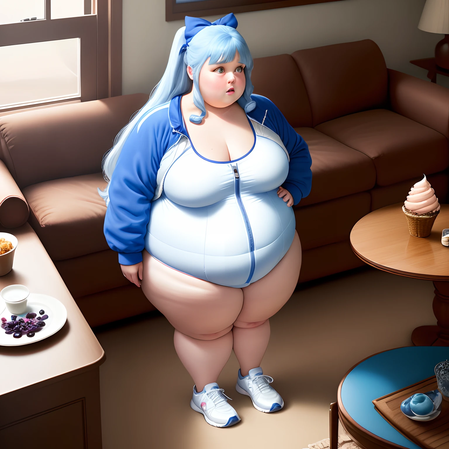 morbidly obese, Caucasian woman, with long flowing brown hair, a blue hair bow, and a slender face in a bright deep blue fluffy cotton, one-piece track suit, inflated like a blimp, with white lining and zipper, and white tennis shoes, standing in a spacious living room, a slice of blueberry pie with ice ice cream on a small coffee table in a corner, looking worried