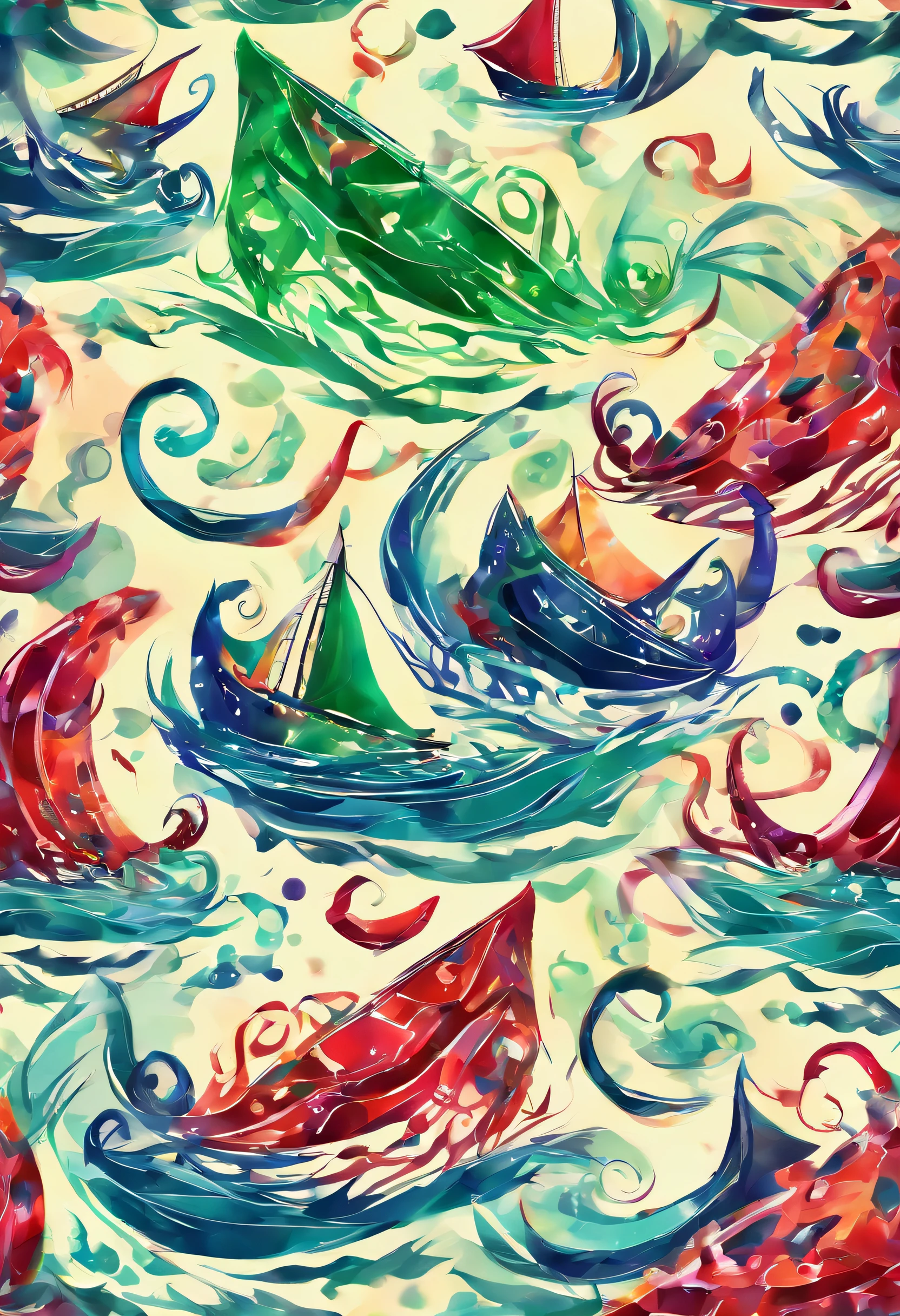 3d watercolor abstract,Dark background,high resolution,High quality,Colorful,Green,Red,Blue,Sail ships,sea monster,tentaculata,the sea,