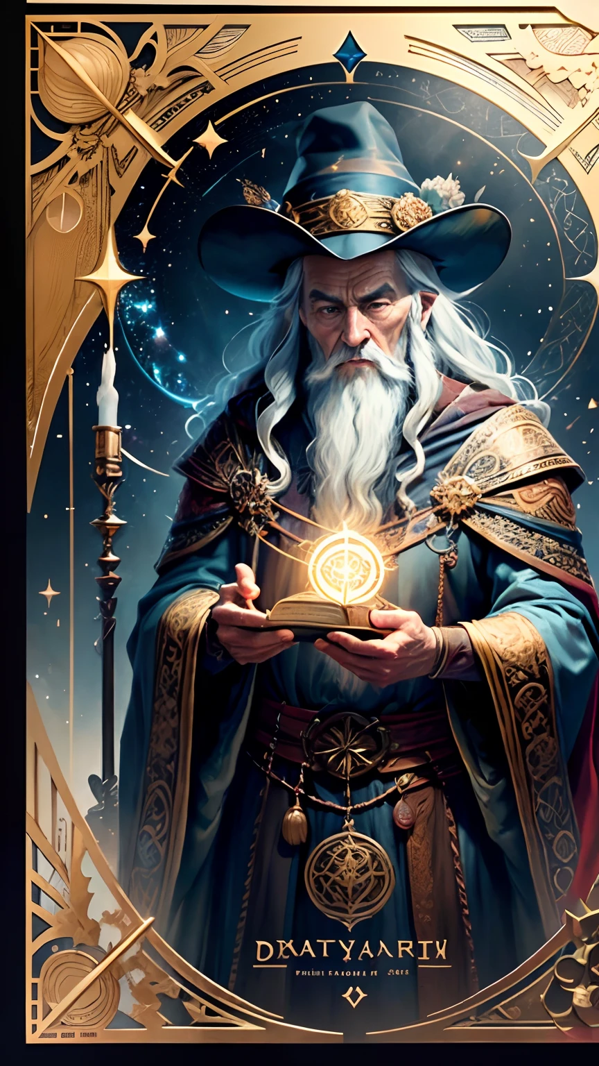 tarot cards，Full tarot border，(The image is surrounded by a tarot card-style border:1.8), Old Man of the East，Vicissitudes，bronze skin，saints，Wise old man，Realiy，Robe，Holding a book，，Very old wizard，There are staff, White hair, Outrageously long beard, Wizard robes, Wizard's Hat, swirling magic, Flowing magic, Vintage style，fantasy, detailed starry background，, Gandalf，8k wallpaper,finely quality eyes，Right eyes，correct hand， Ultra-detailed, Beautiful and aesthetically pleasing, tmasterpiece, best qualityer, (s fractal art: 1.3), extremely detaile, dynamic angle, The most beautiful forms of chaos, Fauvistdesign, vivd colour, romanticism lain, Steam engine, magia，火焰, fire works, shells, pans，test tubes，Alchemy，Hold the staff，Vintage style，（zentangle，datura，Tangles，entangled）， (s fractal art: 1.3)，holy rays，gold foil，Gold leaf art，glitter drawing，Full tarot border，（Full border 1.5），（The border is centered at 1.6），Fang Yi，Huge wizard hat，Correct face，Right eyes