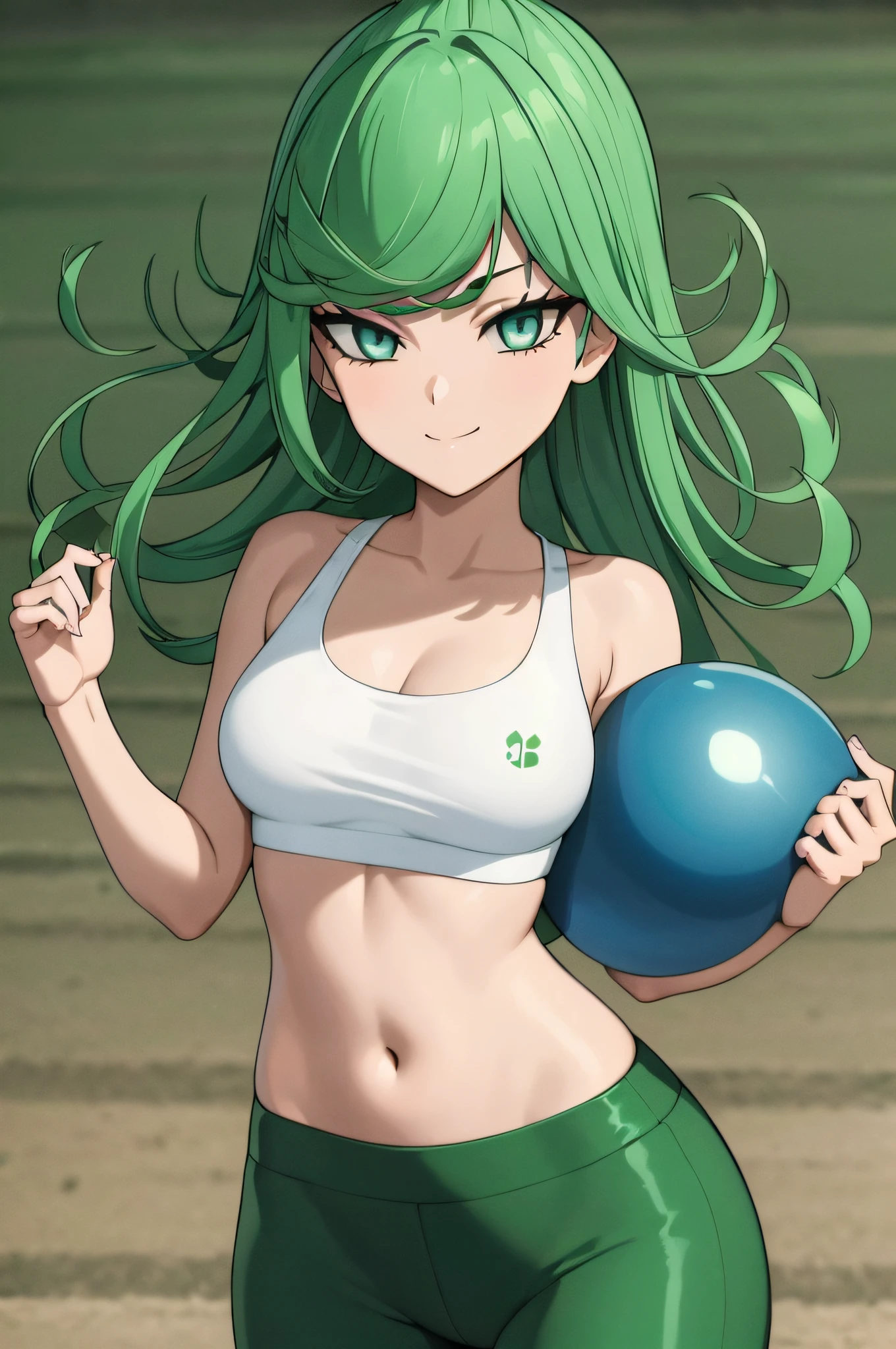 ,masterpiece, best quality, photorealistic, yujiasuit, yoga sports bra, yoga pants, 1girl, solo, , yoga ball, pants, looking at viewer, smile, green sports bra, simple background, , midriff, long hair, breasts, green pants, sportswear, tank top, upper body,gren hair,green eyes