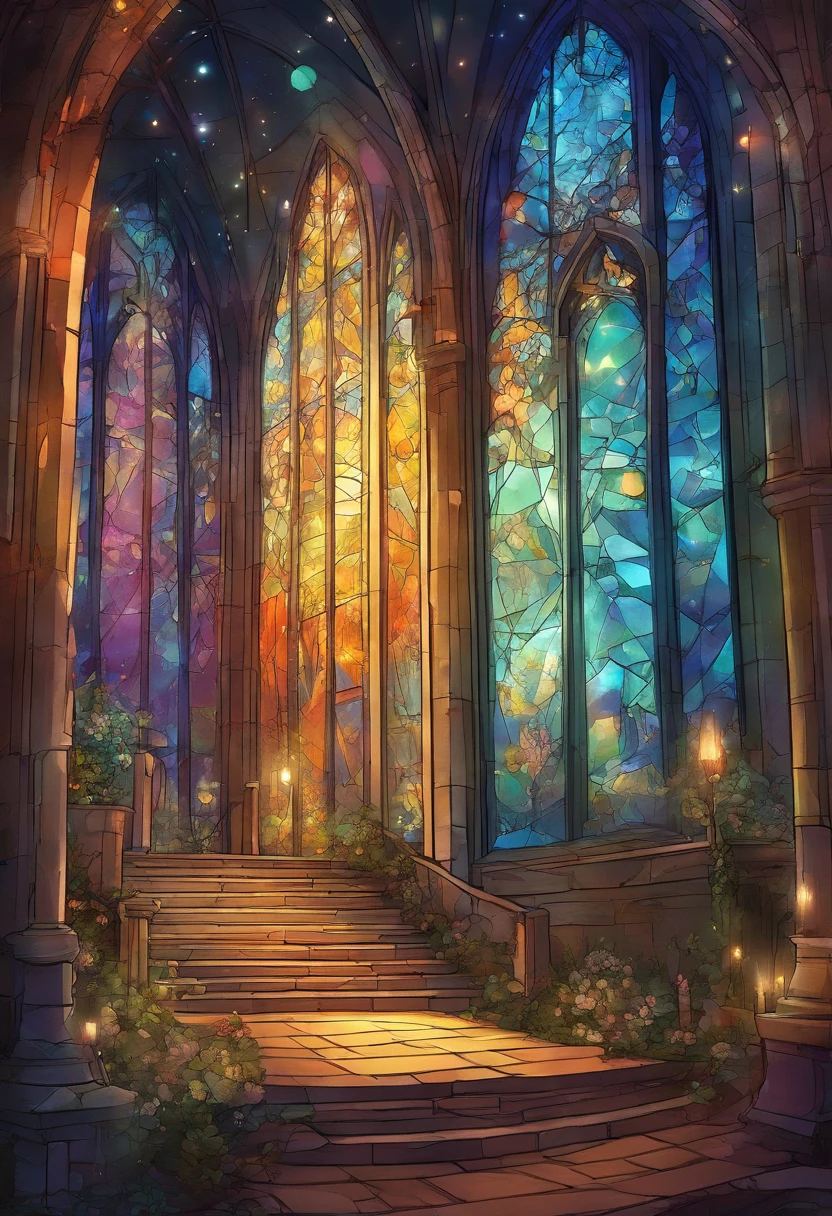 stained glass (High transparency. real(Thin, delicate, high quality, clear, vivid, high transparency.shine. A mess)collection of broken glass。Let's do this)Halloween party.、。Trick art.。dim night。telescope lens
