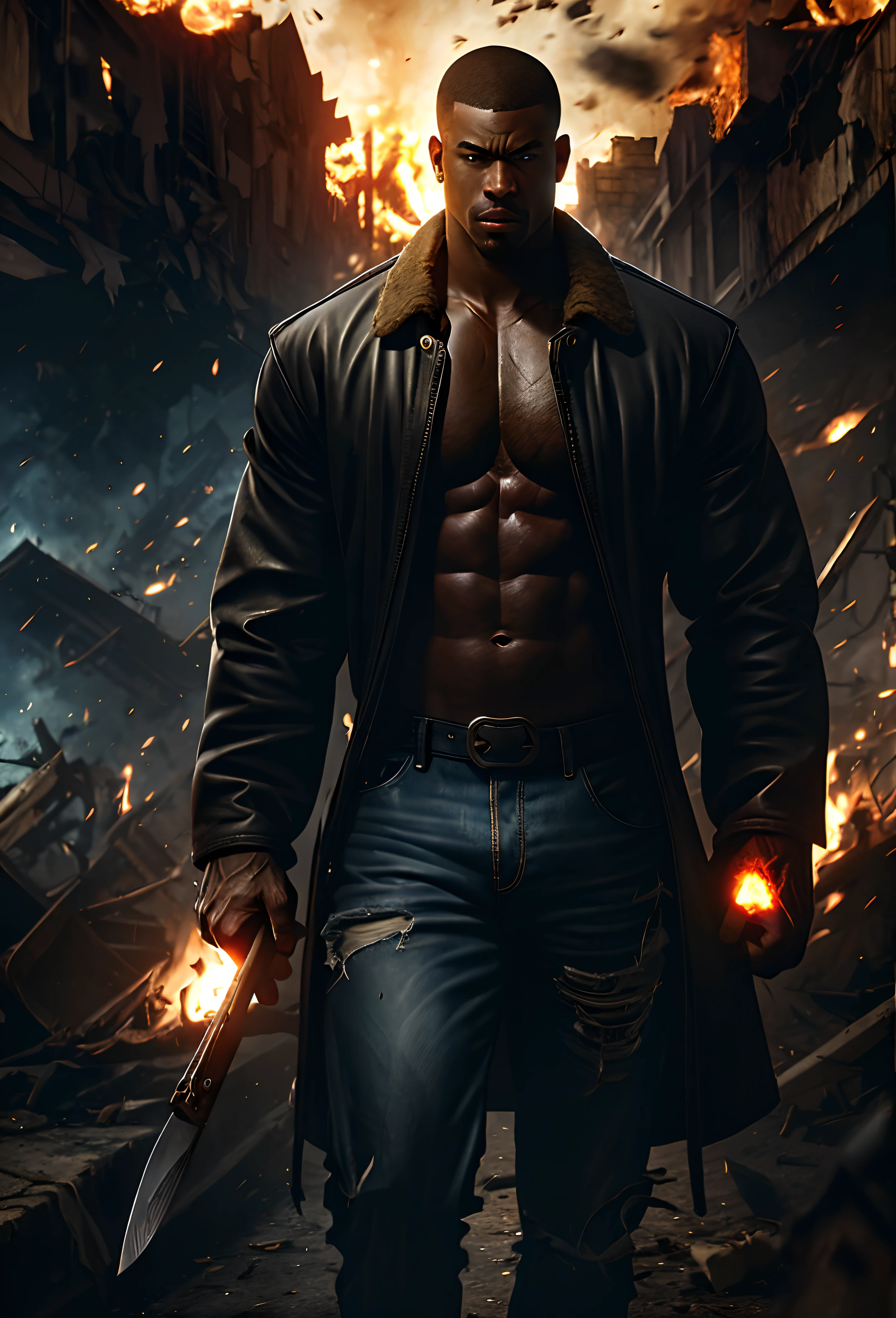 Epic Character, Epic image, focus on eyes, portrait, tall muscular African-American man, huge strong intimidating man, huge bulky muscles, skin-tight fade haircut, long open leather jacket, white tank top under leather jacket, large baggy jeans, boots, 1000 mile stare, shook one, insane eyes, shocked eyes, wide open PTDS eyes, guns and knives, destroyed neighborhood background, everything on fire background, alone in the destruction