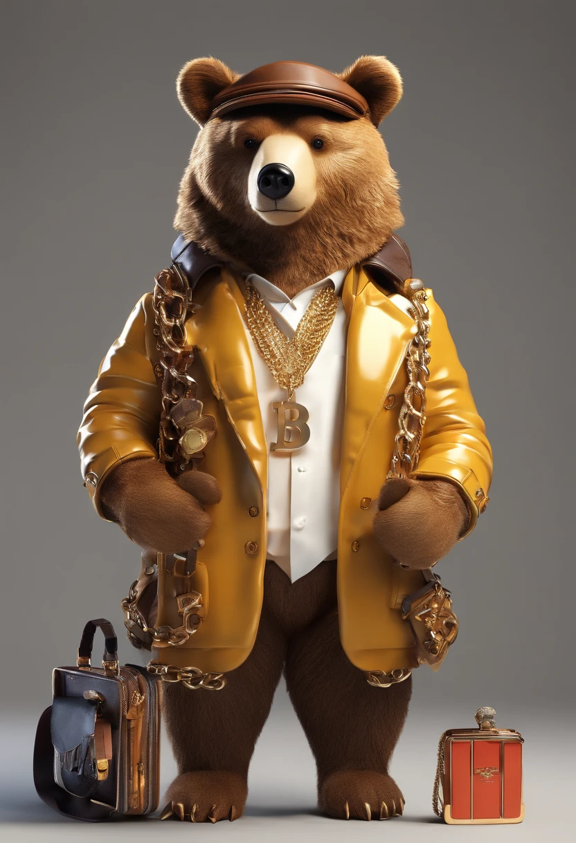 bear wearing Burberry coat and gold chains holding a camera