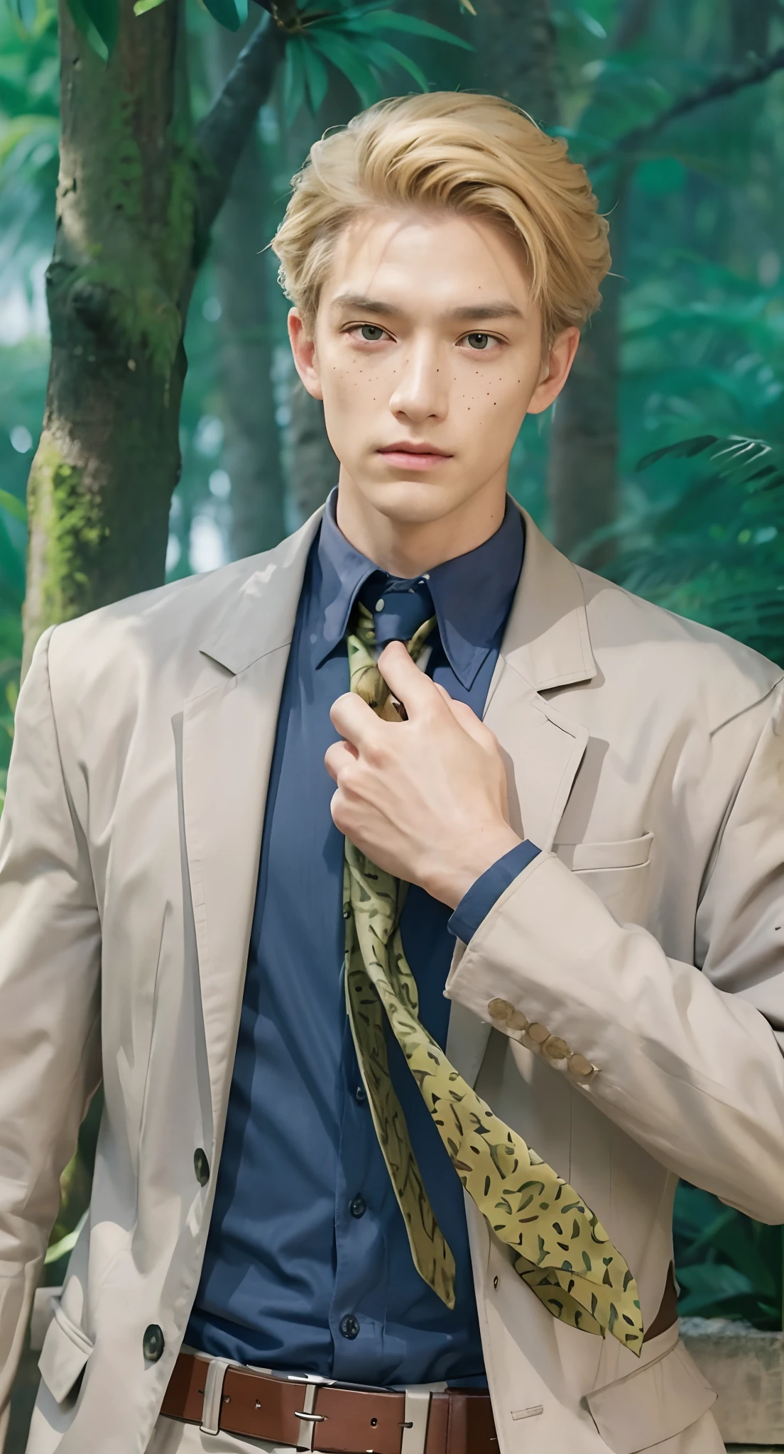 Real life adaption of this character, (old man face),looking to viewer,realistic same hairstyle blonde color,realistic jungle with many grass background, hyper realistic, realistic light, realistic shadow, realism,(photorealistic:1.2), (realistic same outfit),realistic same belt, realistic same tie with same pattern freckles