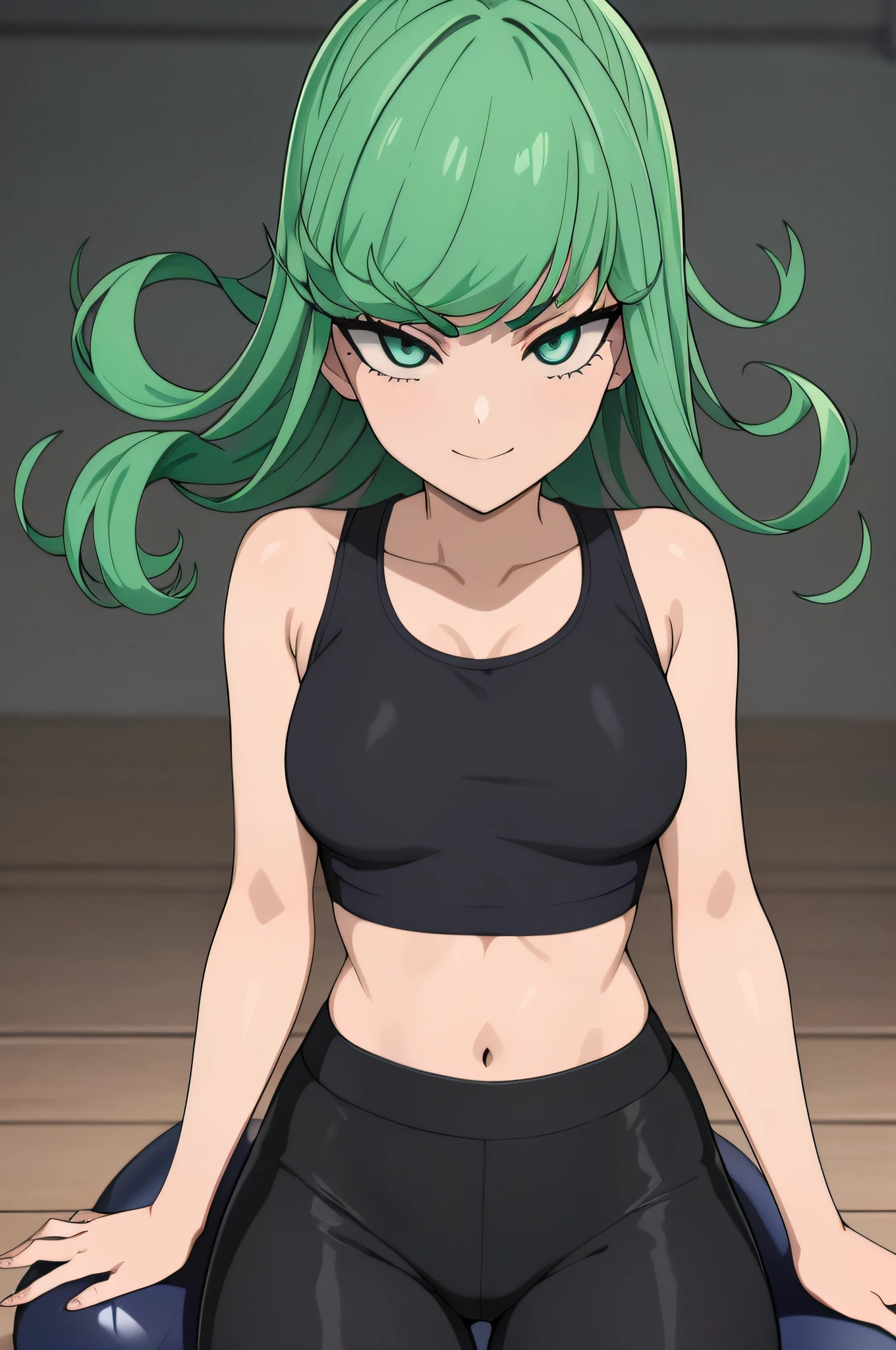 ,masterpiece, best quality, photorealistic, yujiasuit, yoga sports bra, yoga pants, 1girl, solo, , yoga ball, pants, looking at viewer, smile, green sports bra, simple background, , midriff, long hair, breasts, green pants, sportswear, tank top, upper body,gren hair,green eyes