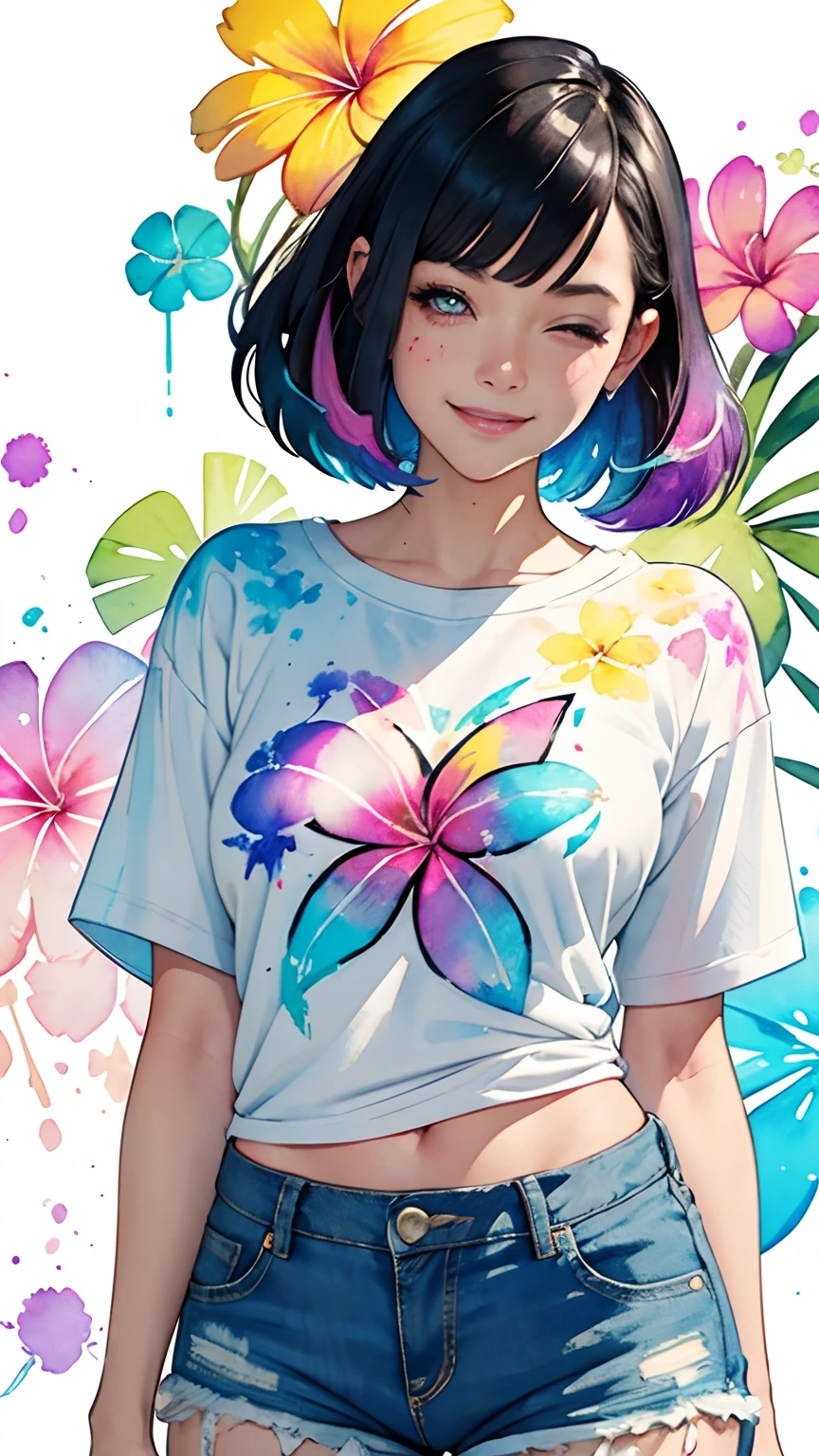 a Plumeria painting with a splatter background and spray paint effect, by Adam hughes, plumeria flower design t-shirt and jean shorts, upper body centered, multi-color hair, 1 eye closed, big happy smile, watercolor art, watercolor painting, watercolor painting style, watercolor detailed art, watercolor digital painting, watercolor paint, masterfully detailed watercolor, watercolor art