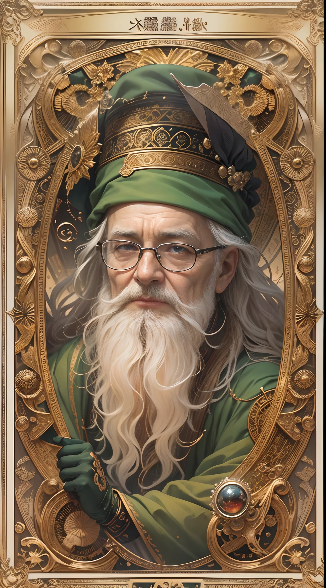 tarot cards,Full tarot border,(The image is surrounded by a tarot card-style border:1.8),Wise old man,Very old scholar, European elderly,Vicissitudes,bronze skin,saints,Realiy,White robes,looking at book,White hair, wears glasses,Goatee, Vintage style,fantasy, detailed starry background,, 8k wallpaper,finely quality eyes,correct hand, Ultra-detailed, Beautiful and aesthetically pleasing, tmasterpiece, best qualityer, (s fractal art: 1.3), extremely detaile, dynamic angle, The most beautiful forms of chaos, Fauvistdesign, vivd colour, romanticism lain, Steam engine, magia,火焰, fire works, shells, pans,test tubes,Alchemy,Hold the cane,Vintage style,(zentangle,datura,Tangles,entangled), (s fractal art: 1.3),holy rays,gold foil,Gold leaf art,glitter drawing,Full tarot border,(Full border 1.5),(The border is centered at 1.6),Fang Yi,The right face,Right eyes