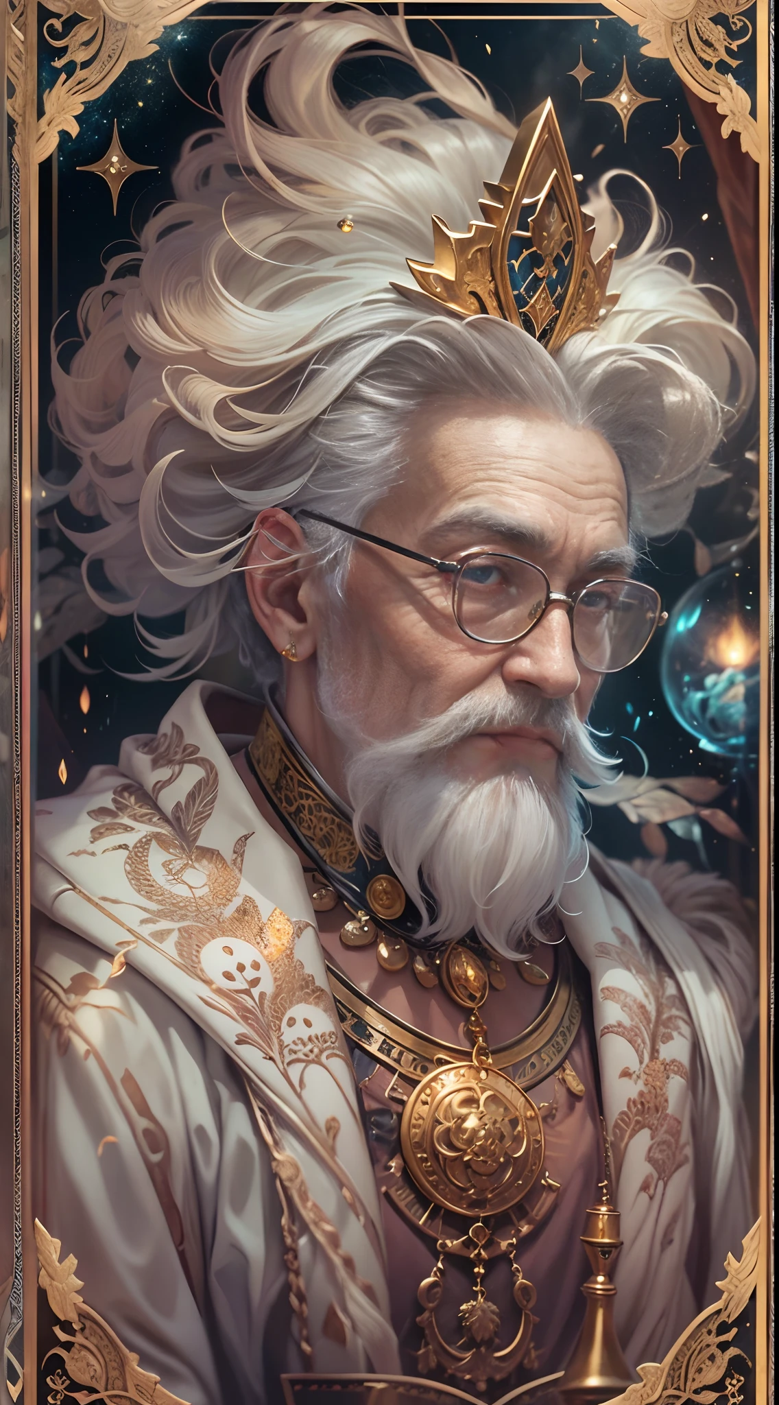 tarot cards，Full tarot border，(The image is surrounded by a tarot card-style border:1.8)，Wise old man，Very old scholar， European elderly，Vicissitudes，bronze skin，saints，Realiy，White robes，looking at book，White hair, wears glasses，Goatee, Vintage style，fantasy, detailed starry background，, 8k wallpaper，finely quality eyes，correct hand， Ultra-detailed, Beautiful and aesthetically pleasing, tmasterpiece, best qualityer, (s fractal art: 1.3), extremely detaile, dynamic angle, The most beautiful forms of chaos, Fauvistdesign, vivd colour, romanticism lain, Steam engine, magia，火焰, fire works, shells, pans，test tubes，Alchemy，Hold the cane，Vintage style，（zentangle，datura，Tangles，entangled）， (s fractal art: 1.3)，holy rays，gold foil，Gold leaf art，glitter drawing，Full tarot border，（Full border 1.5），（The border is centered at 1.6），Fang Yi，The right face，Right eyes