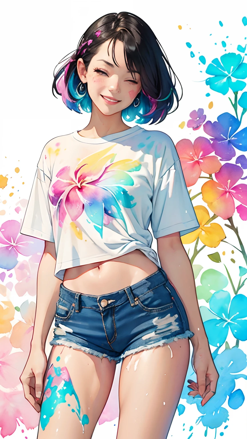 a Plumeria painting with a splatter background and spray paint effect, by Adam hughes, plumeria flower design t-shirt and jean shorts, upper body centered, multi-color hair, 1 eye closed, big happy smile, watercolor art, watercolor painting, watercolor painting style, watercolor detailed art, watercolor digital painting, watercolor paint, masterfully detailed watercolor, watercolor art