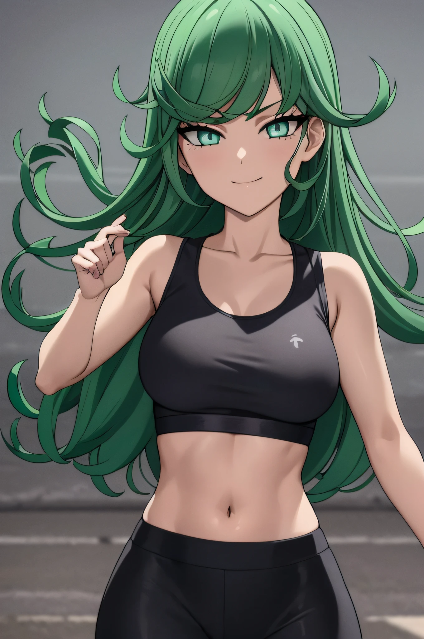 ,masterpiece, best quality, photorealistic, yujiasuit, yoga sports bra, yoga pants, 1girl, solo, , yoga ball, pants, looking at viewer, smile, green sports bra, simple background, , midriff, long hair, breasts, green pants, sportswear, tank top, upper body,gren hair,green eyes