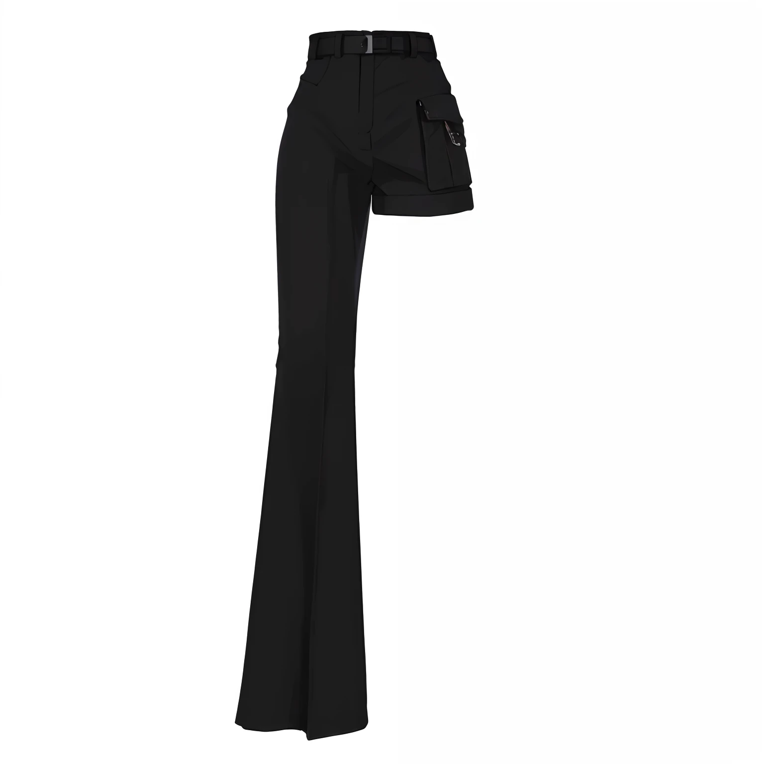 closeup anime drawing 2D of a black pant with a belt and a short, jia, mugler, black trousers, assymetrical, asymmetrical, elegant asymmetrical pants, presidential, platforms, givenchy, balenciaga, ji-min, black pants, rick owens, masterful, gq, 2 1 st century, nilah, lisa, versace, pants 2D, anime drawing, flat, 2D anime pants, detailed 2D pants asummetrical