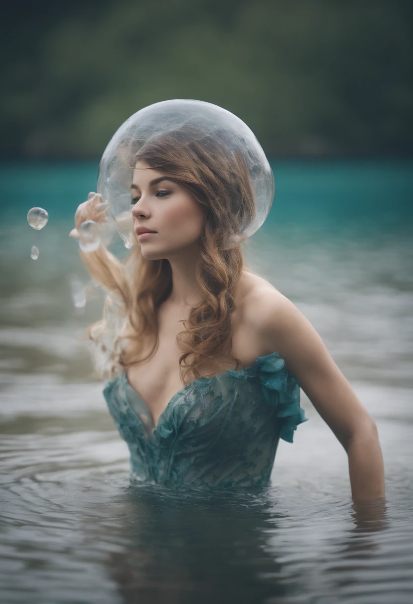 cute girl yeah,flat chest,kawaii,(jellyfish girl:1.2), arms behind back,underwater,frilled dress,