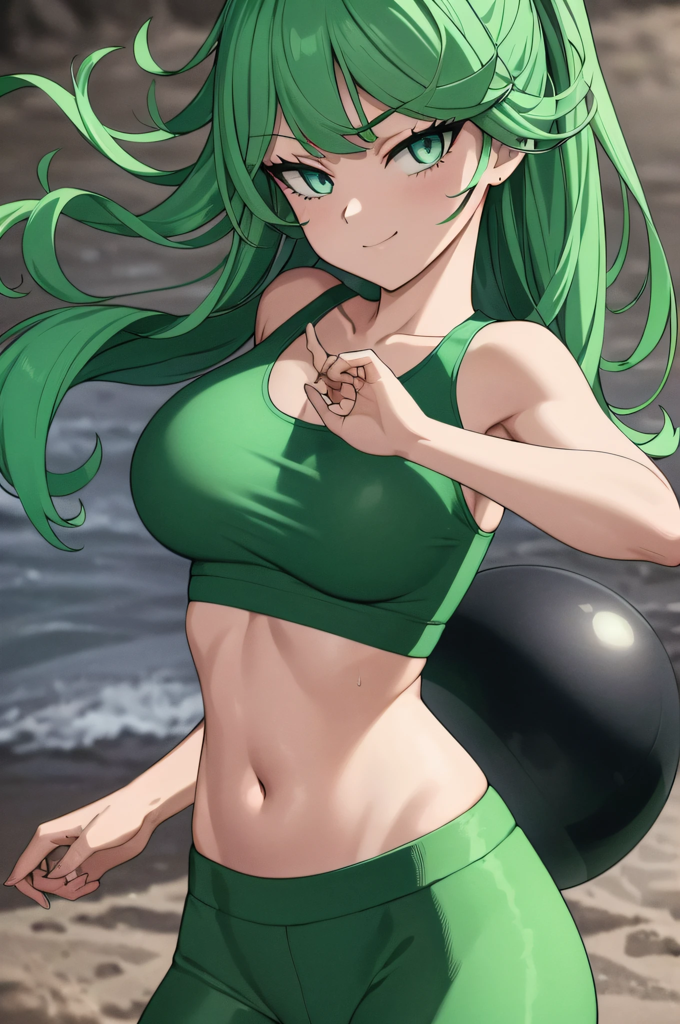 ,masterpiece, best quality, photorealistic, yujiasuit, yoga sports bra, yoga pants, 1girl, solo, , yoga ball, pants, looking at viewer, smile, green sports bra, simple background, , midriff, long hair, breasts, green pants, sportswear, tank top, upper body,gren hair,green eyes