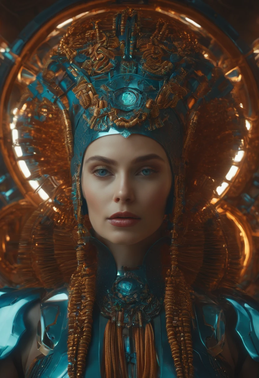 There is a woman with a headdress and a lot of yarn, retrato vfx altamente detalhado de, simetria! futuristic robotics, Nekro, NILIAN Animation Studio, Vadim Voitekhovitch, tiro extremamente detalhado da deusa, Cinematografia 2015, menina ciborgue bonita, Jason Engle, quadro-chave, Anthropomorphic _ Humanoid, Suzuki futurista --AR 16:9