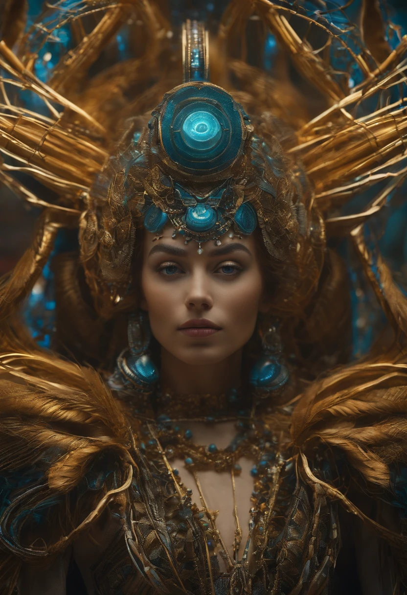 There is a woman with a headdress and a lot of yarn, retrato vfx altamente detalhado de, simetria! futuristic robotics, Nekro, NILIAN Animation Studio, Vadim Voitekhovitch, tiro extremamente detalhado da deusa, Cinematografia 2015, menina ciborgue bonita, Jason Engle, quadro-chave, Anthropomorphic _ Humanoid, Suzuki futurista --AR 16:9