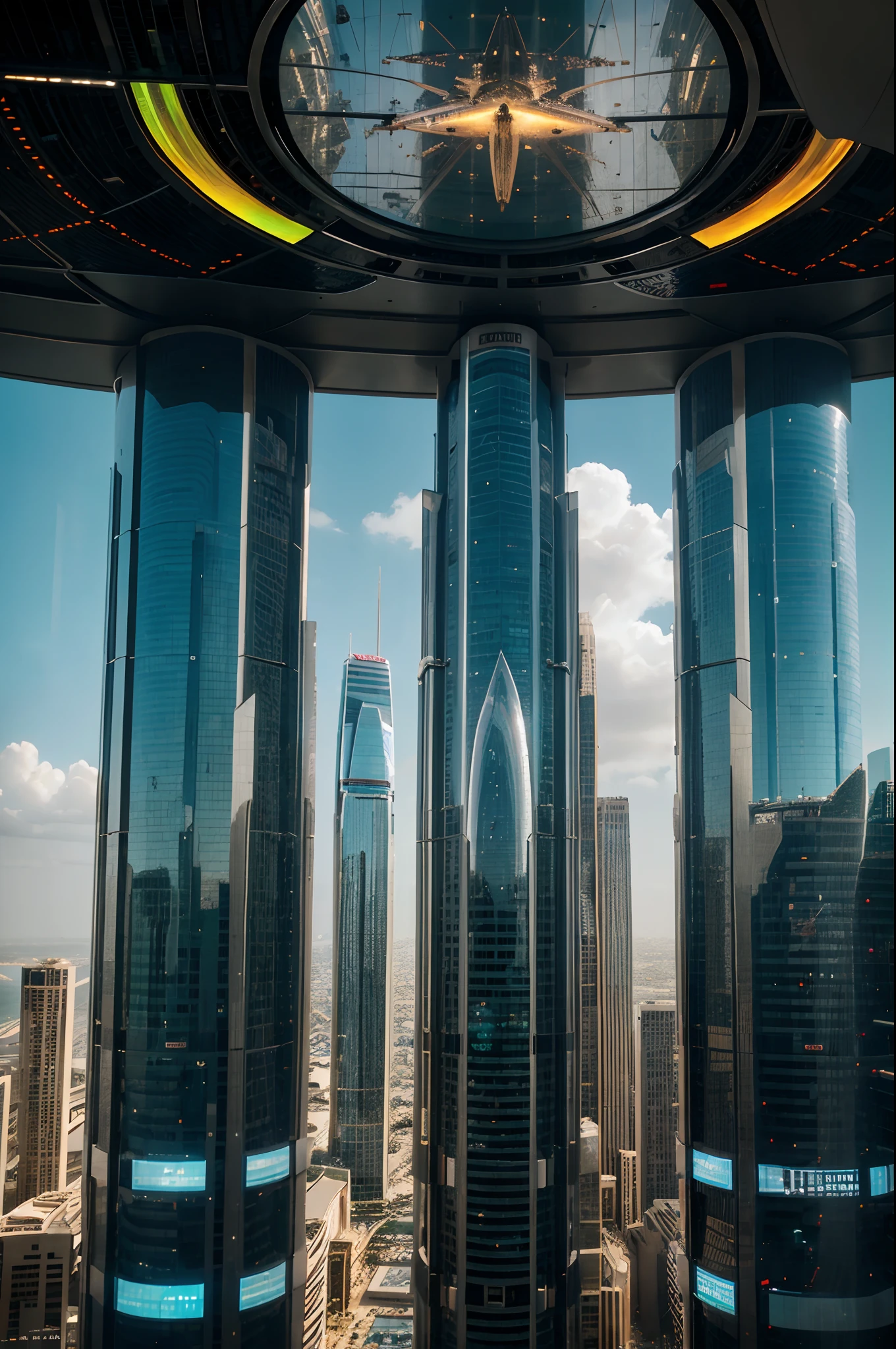 Wide angle shot of an African empire with African designed buildings, fly over glass tunnels in the sky, metallic and chrome flying cars in the sky,  futuristic drones flying in the sky, hologram neon billboards on tall african designed sci-fi buildings, bright and vibrant light shining, with iridescent light, scifi art, cinematic lighting, artgerm style, 32k, ultra HD, unreal engine rendered, hyper-realistic image,