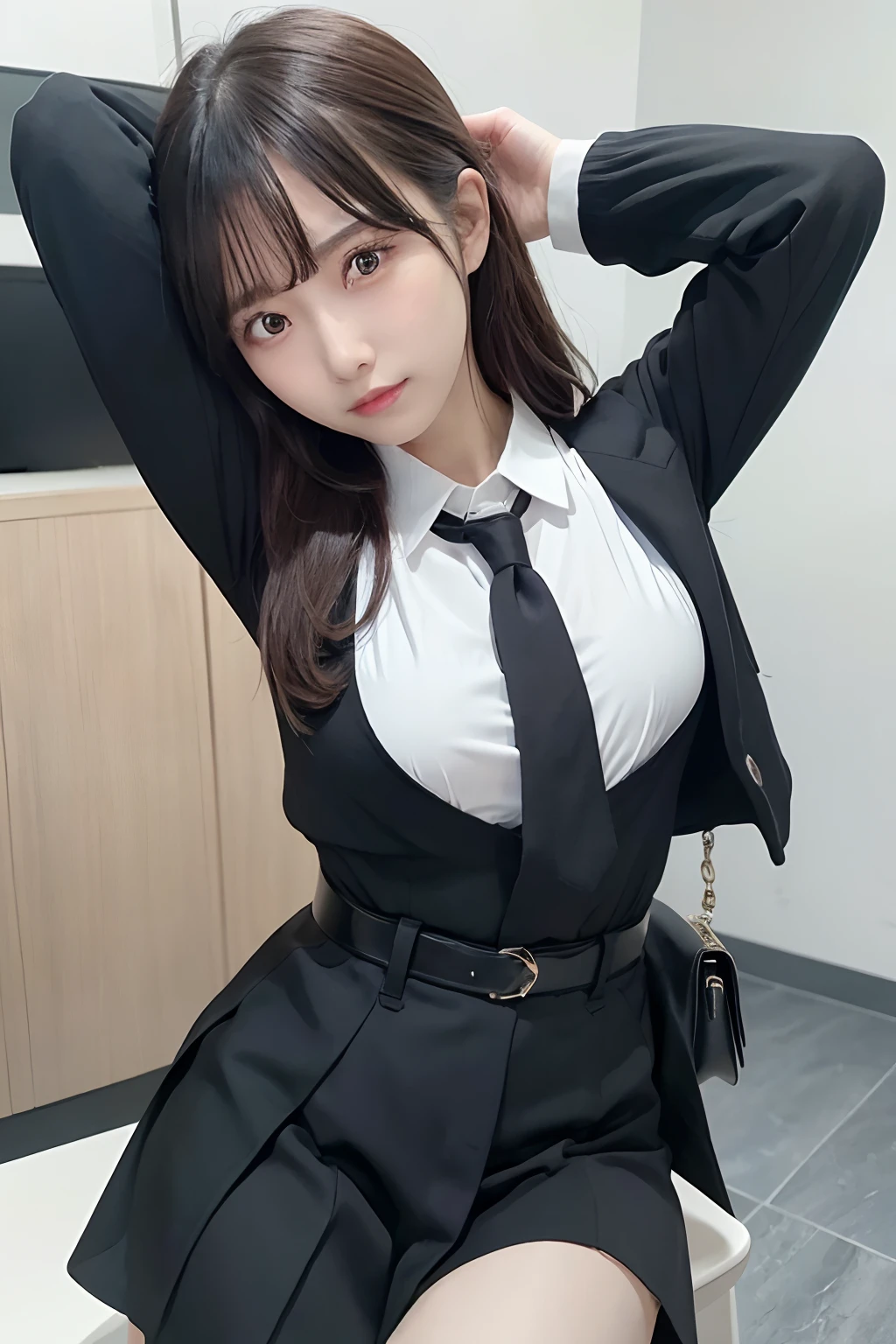 (masutepiece:1.2),High quality,vivd colour,flat-colors,Deep Depth Of Field,Lens Flare,1 girl,Black hair,eyecontact,Suit,Collared shirt,Belt bag,suspenders,Professional,Office Lady,Mature Women,Black mini skirt garterbelts knee high Stockings Black Niso Colorcon armpit sweat perspiring Side of both hands,Black jacket,Gaze,ample bosom,Armpit sweat,Exposing the armpits"Pichi Pichi clothes Interparial