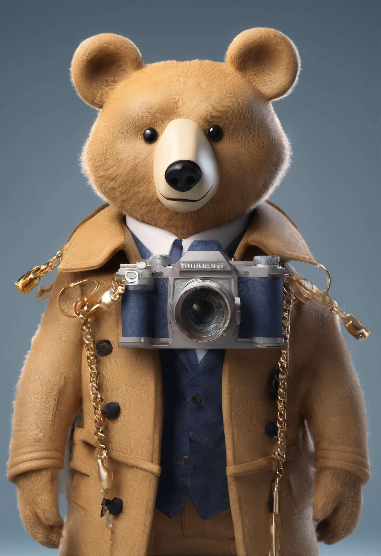 bear wearing Burberry coat and gold chains holding a camera