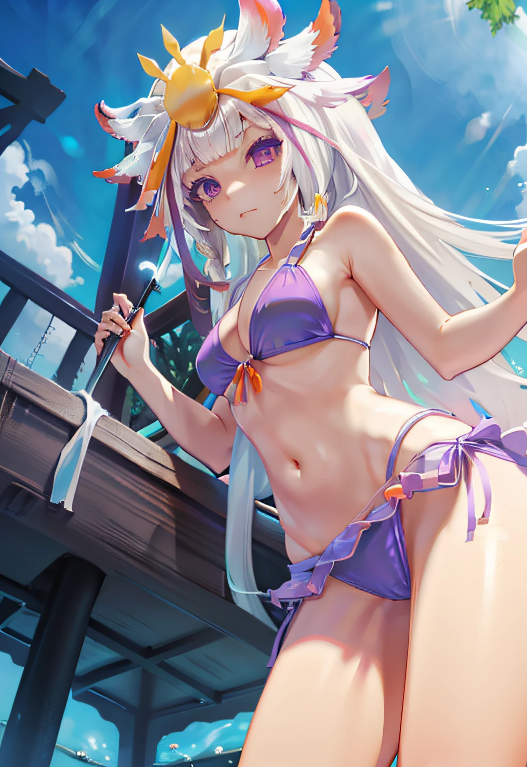 masterpiece, best quality, absurd Res, perfect anatomy, simple background, (((front views))), (((from below))), Mori Base, white long hair, (((larger breasts:0.9))), veil, hair ornament, white high socks, black geta, (((Purple side string bikini))), (((forget to wear bikini bottoms:1.3))), mouse close, NSFW, outdoors, open field, pool, 1girl, 1boy, (hetero:1.3), hand in panties, panties