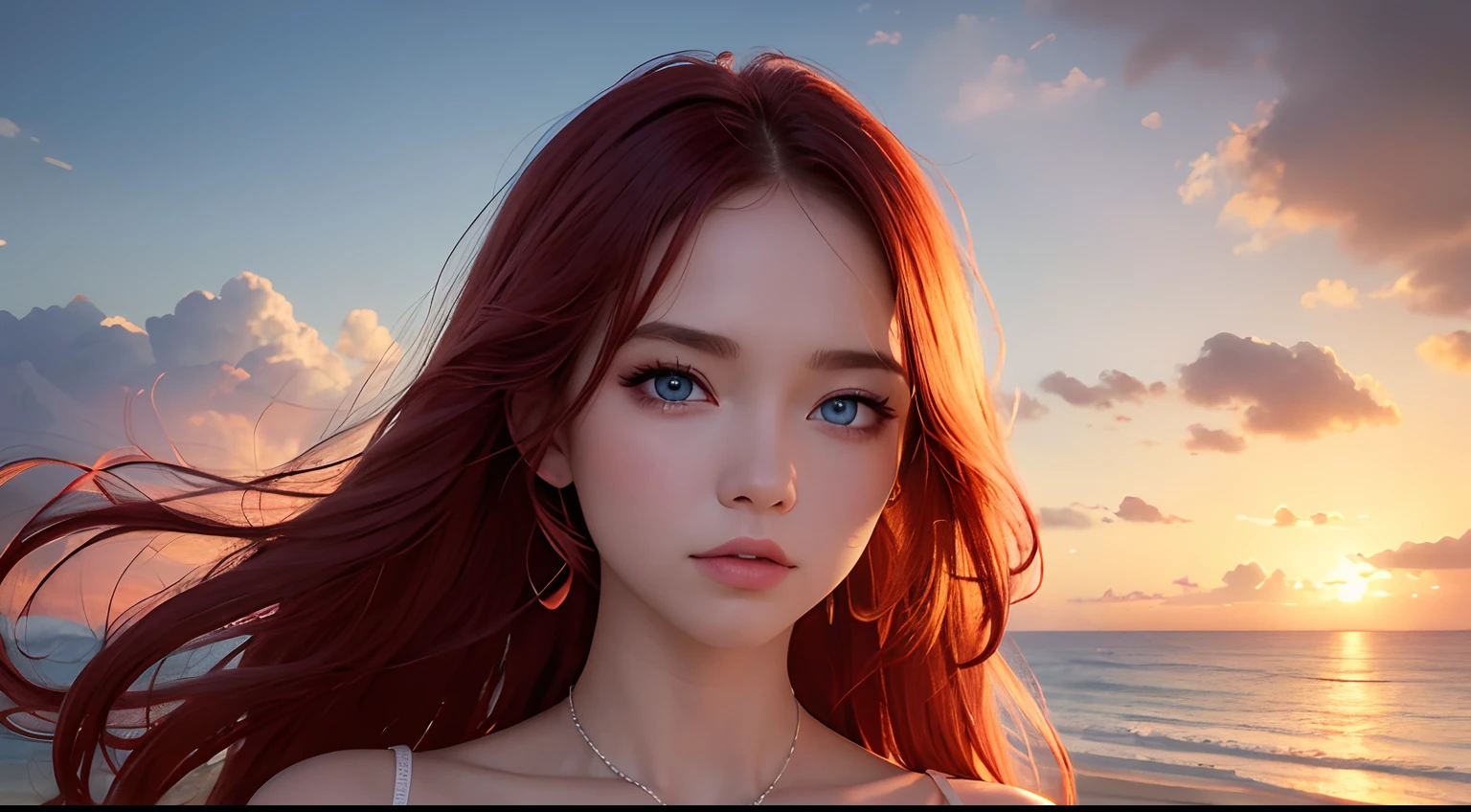 8K high-definition，sexy beauty，Delicate facial features，largeeyes，eBlue eyes，Slim build，Bigchest，Red long-haired，curlies，Background with，beachside，Hilltop mansion，Very magnificent，Sunnyday，Sunset sunset，Burning clouds，