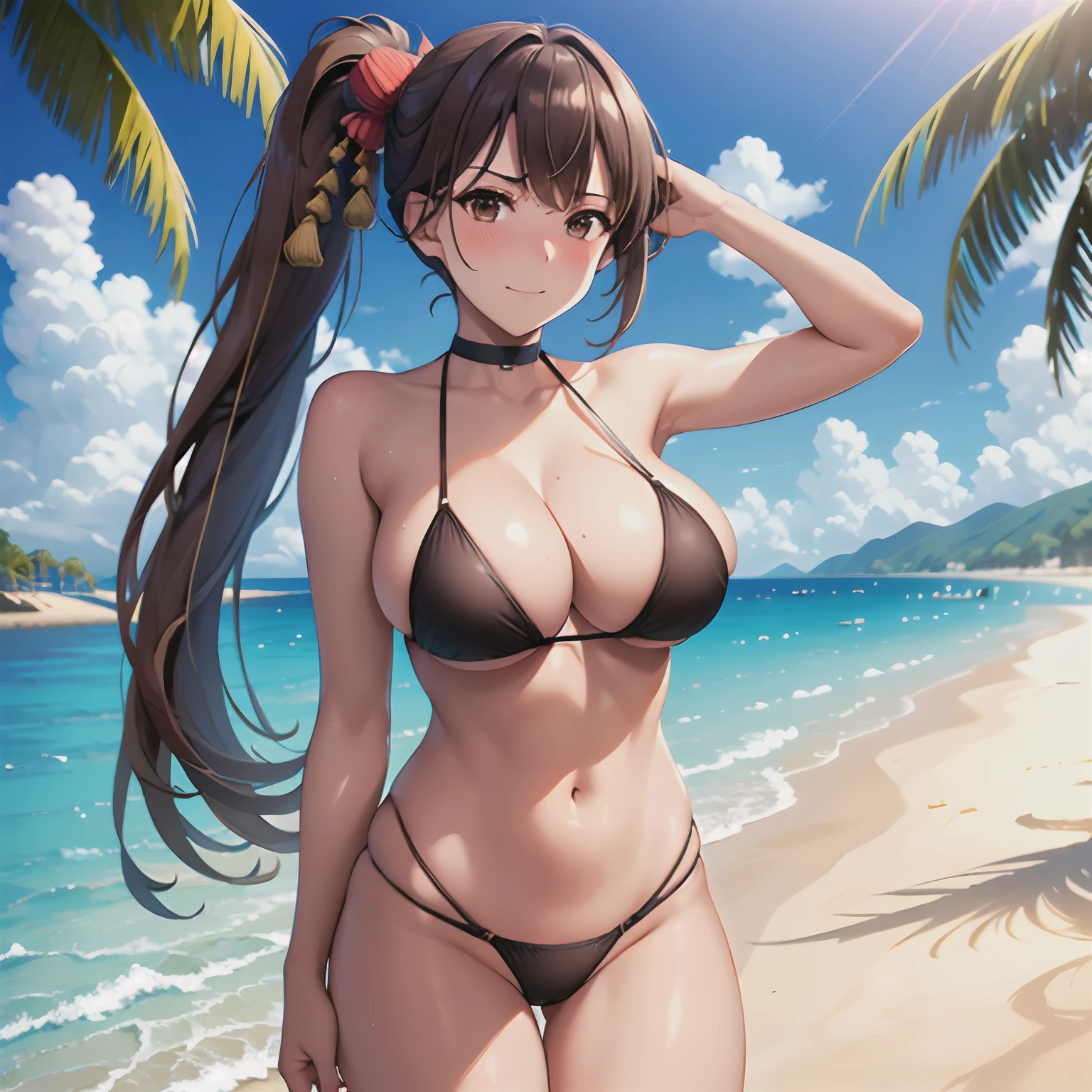 masterpiece, best quality, highres, brown hair, brown eyes, side ponytail, cowboy shot, standing, beach, micro bikini, embarrassed, blush, sexy pose, big breasts, hair ornament, long hair,