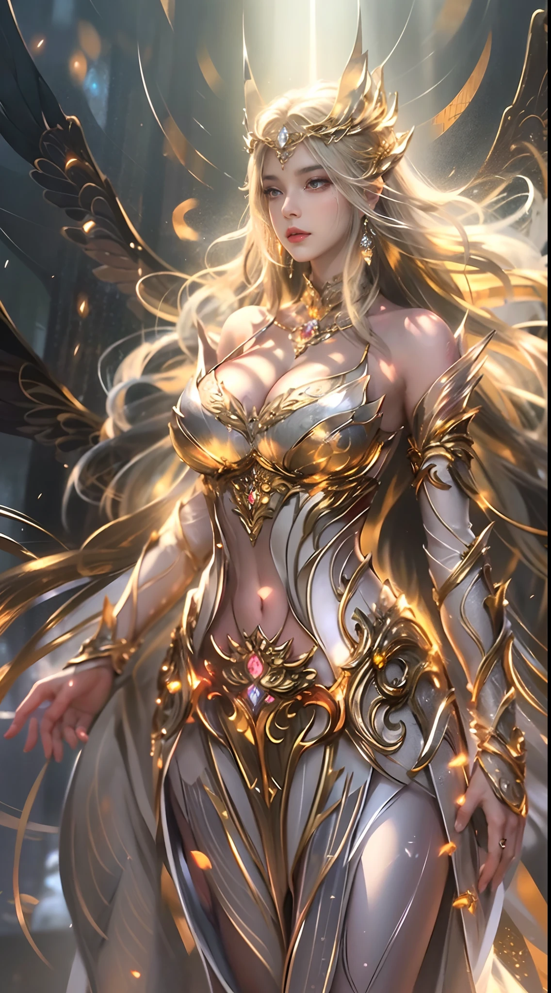 Woman in a golden transparent dress,view the viewer,(((Huge breasts, Large cleavage))),Slim waist,(navel baring,Bare waist), Long hair, Ultra-detailed details,High-end Zhenyi station, Rainstorm site, detailed fantasy art, Stunning character art, Beautiful and exquisite character art, Beautiful gold and silver armor, Extremely detailed, Girl in shiny armor, Exquisite tiaras and jewelry,Crystal jewelry filigree,Delicate pattern, intricately details, (Rich:1.4), prestige, Gorgeous, luxury goods, Royal Palace, jewelry, Pedras preciosas, gold, Diamond, (golden rose), Reflectors,milky ways, Stunning visuals, (dynamic streaks, light tracks:1.2), Vibrant colors,