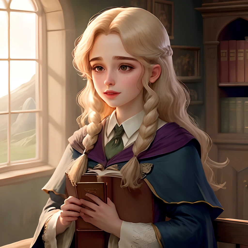 Description of a Beautiful Young Ravenclaw Girl:
1. Hair:

Color: Platinum blonde, almost white, with a luminous shine.
Style: Long and flowing, with soft waves or straightened for a sleek look. The hair might be styled into a loose, elegant updo or simply left cascading over her shoulders.
2. Eyes:

Color: Striking blue, either a bright azure or deep sapphire.
Shape: Large and expressive, conveying intelligence and curiosity.
Detail: Sparkling or shimmering, adding a magical quality to her gaze.
3. Facial Features:

Complexion: Fair and smooth, with a subtle, natural glow.
Expression: Gentle yet confident, with a slight, knowing smile that reflects her Ravenclaw wisdom and charm.
4. Outfit:

House Robes: Traditional Ravenclaw robes, rich blue with silver or gray accents. The robes should be well-tailored and elegant.
Accessories: A Ravenclaw house scarf with blue and silver stripes, possibly adorned with the house emblem.
Additional Details: A small, silver pendant or brooch in the shape of the Ravenclaw eagle for added elegance.
5. Background:

Setting: The Hogwarts library with towering bookshelves, soft, warm lighting, and a few magical artifacts. Alternatively, the backdrop could be the Ravenclaw common room with its cozy, scholarly atmosphere.
6. Pose:

Stance: Standing gracefully or sitting with a book in hand, perhaps leaning against a bookshelf or looking out a window.
7. Mood:

Overall Feel: A blend of intelligence, elegance, and grace, showcasing the quintessential Ravenclaw traits.