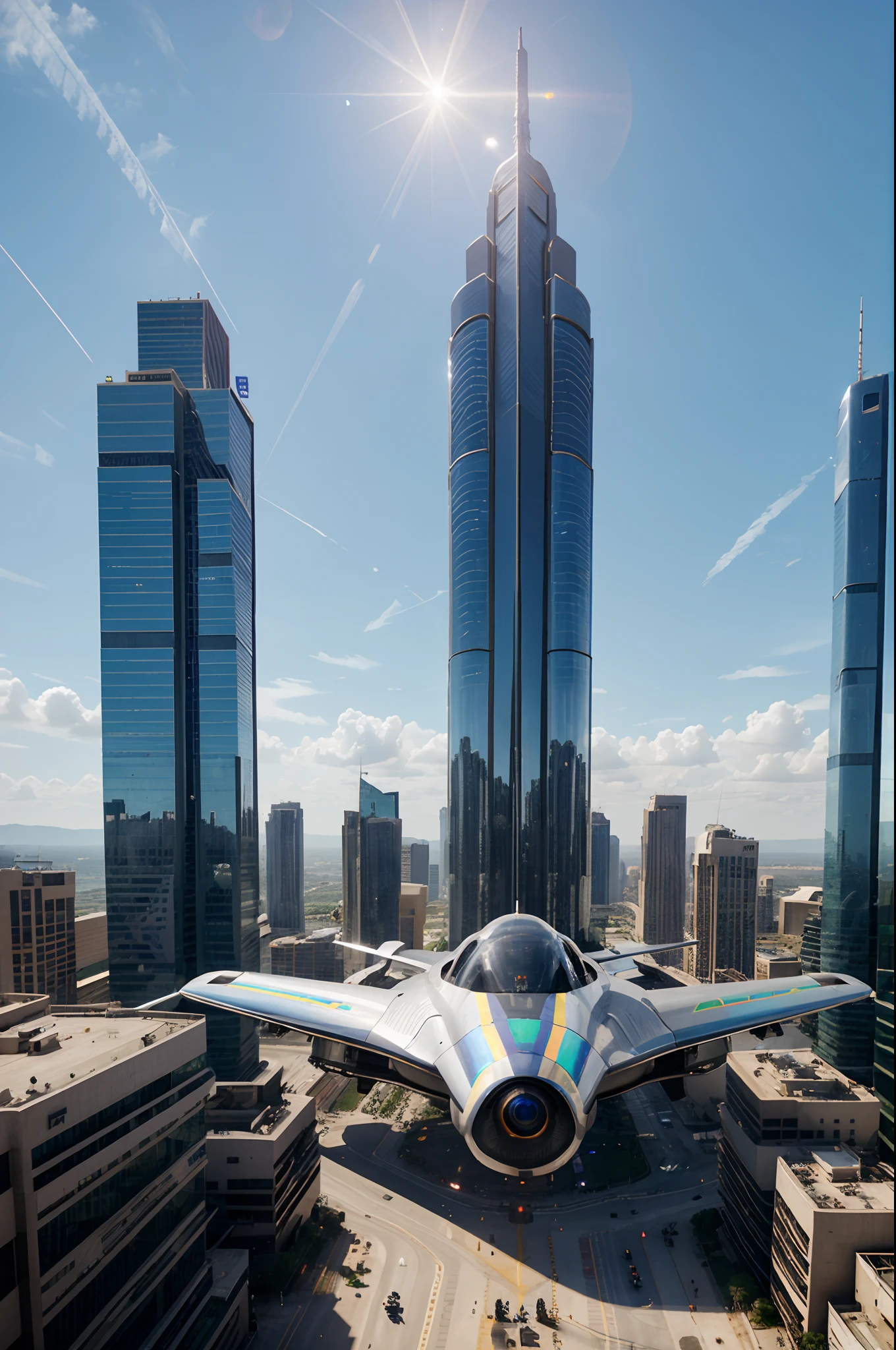 Wide angle shot of an African empire with African designed buildings, fly over glass tunnels in the sky, metallic and chrome flying cars in the sky, futuristic drones flying in the sky, hologram neon billboards on tall african designed sci-fi buildings, bright and vibrant light shining, with iridescent light, scifi art, cinematic lighting, artgerm style, 32k, ultra HD, unreal engine rendered, hyper-realistic image,