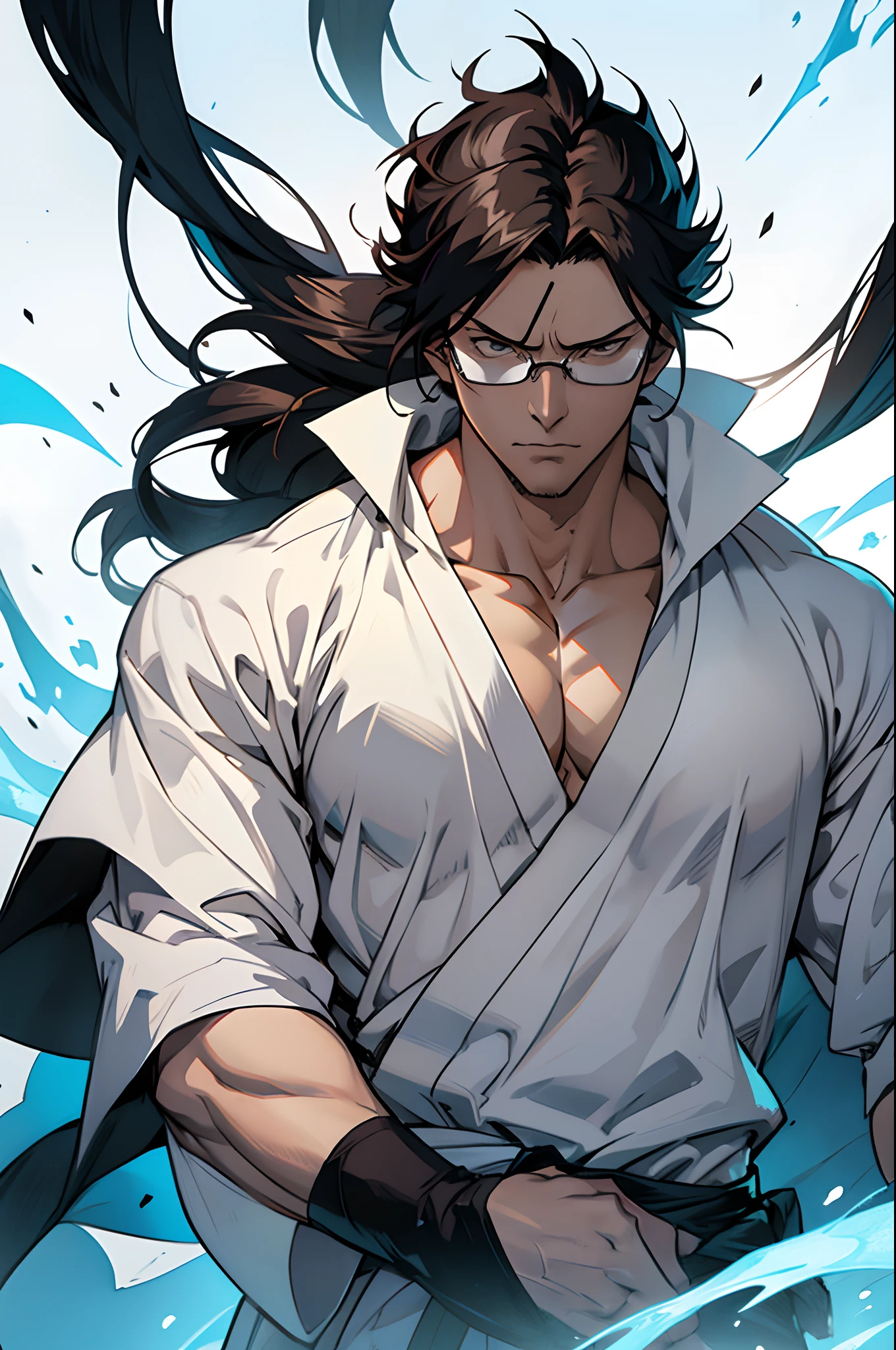 A BLEACH anime-inspired in Tite Kubo style, Sosuke Aizen's calculated poise and power as he gazes over his glasses with an unsettling aura, challenging the viewer's perception, vanishing point, from below, anime-inspired, bleach, Tite Kubo