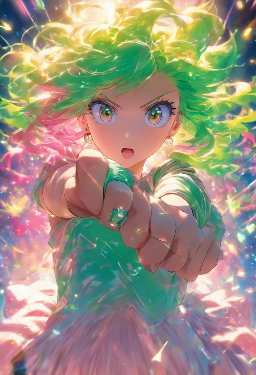 foreshortening, profundidade de campo, master part, best quality, 1girl, pink hair, olhos verde azulado, cabelos medios, flutuando,raios rosas, sozinho, Olhando para o Viewer,vestido rosa, voando, luz solar fraca,