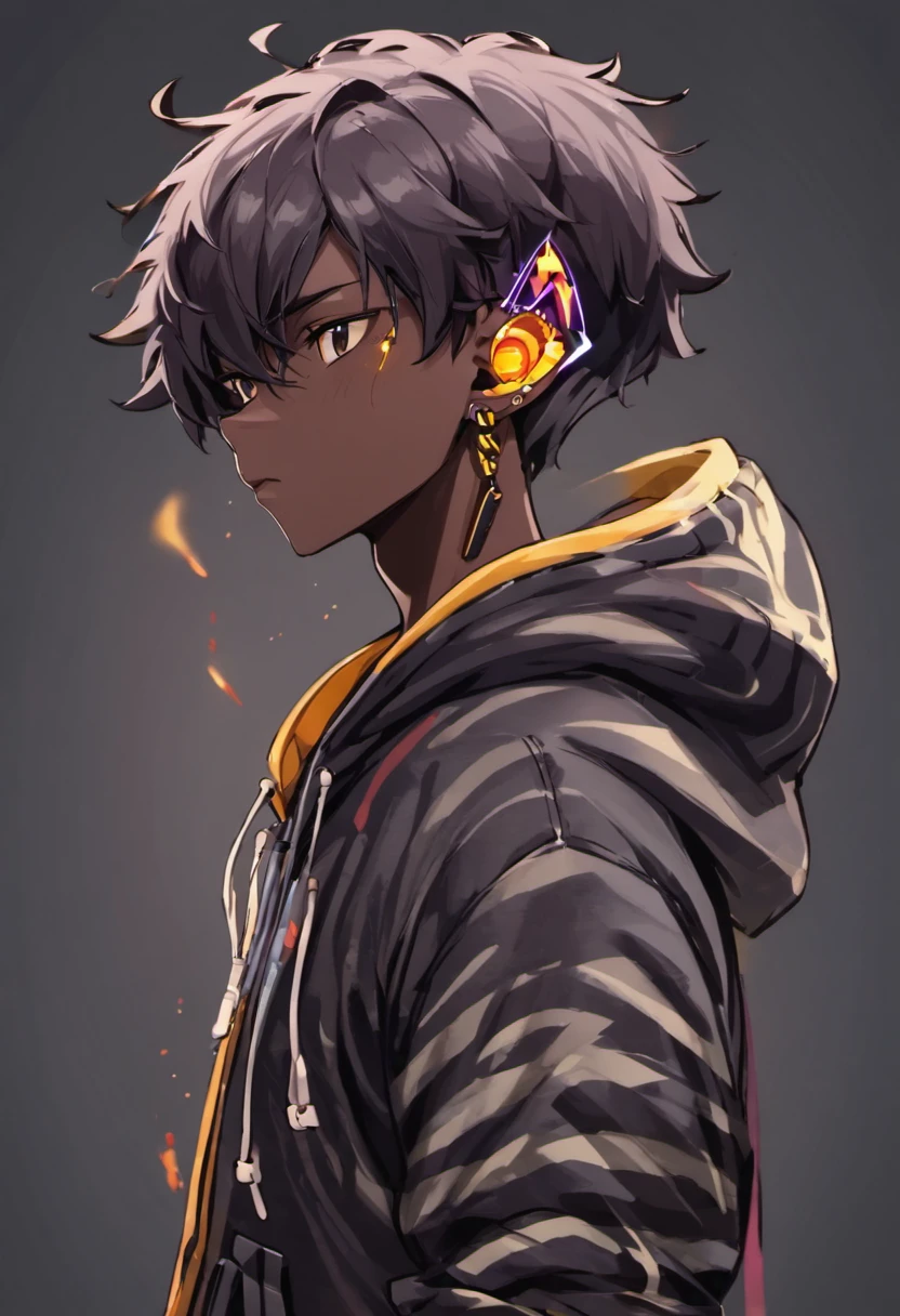 (Best quality, 8k, 32k, Masterpiece, UHD:1.2) dark skin boy with earphones and a hoodie listening to music, young anime man, inspired by Okumura Masanobu, inspired by Okumura Togyu, as an anime character, ear piercings, black camo hoodie, striped shirt