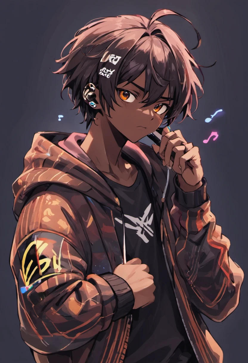 (Best quality, 8k, 32k, Masterpiece, UHD:1.2) dark skin boy with earphones and a hoodie listening to music, young anime man, inspired by Okumura Masanobu, inspired by Okumura Togyu, as an anime character, ear piercings, black camo hoodie, striped shirt
