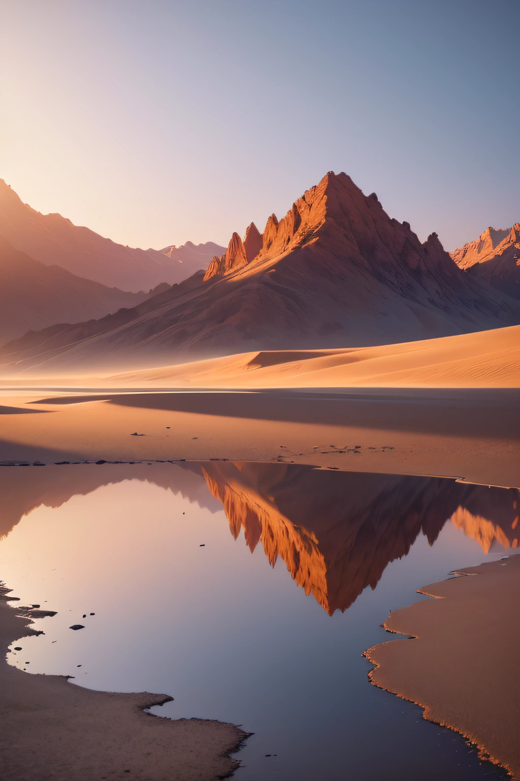 (best quality,4k,8k,highres,masterpiece:1.2),ultra-detailed,(realistic,photorealistic,photo-realistic:1.37),smooth, textured, desert, reflection, pure sky, serene, futuristic, natural colors, peaceful, radiant, background elements, concept elements, wide-angle lens