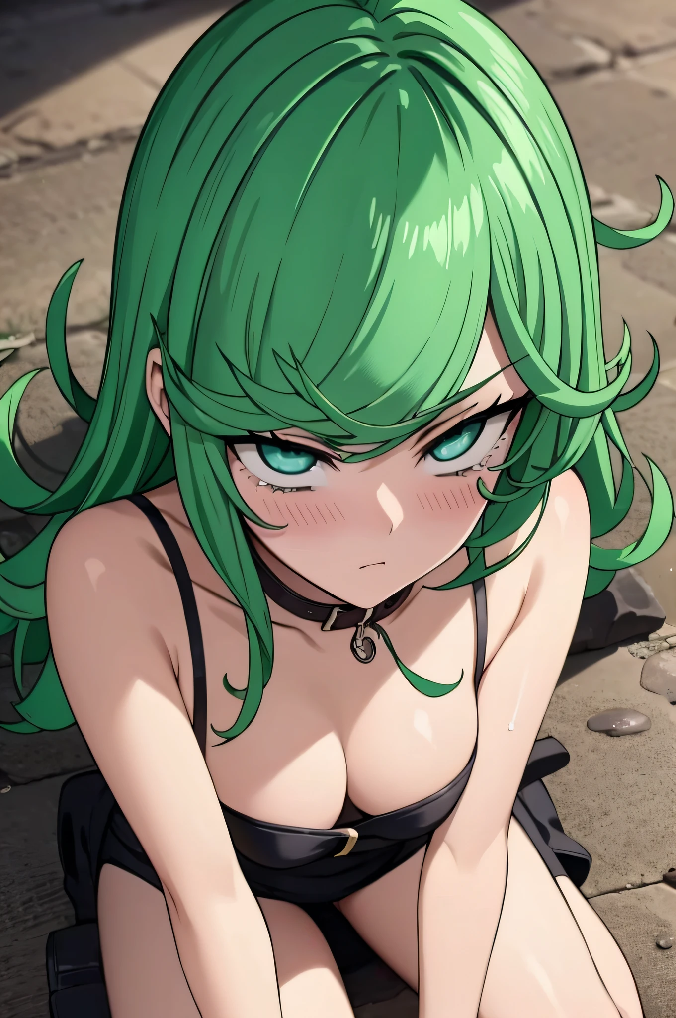 green hair,green eyes,crawl,kneel,sad,despair,cry,tears,(collar),(leash),vibrator,dildo,blush,orgasm,wet,sweet