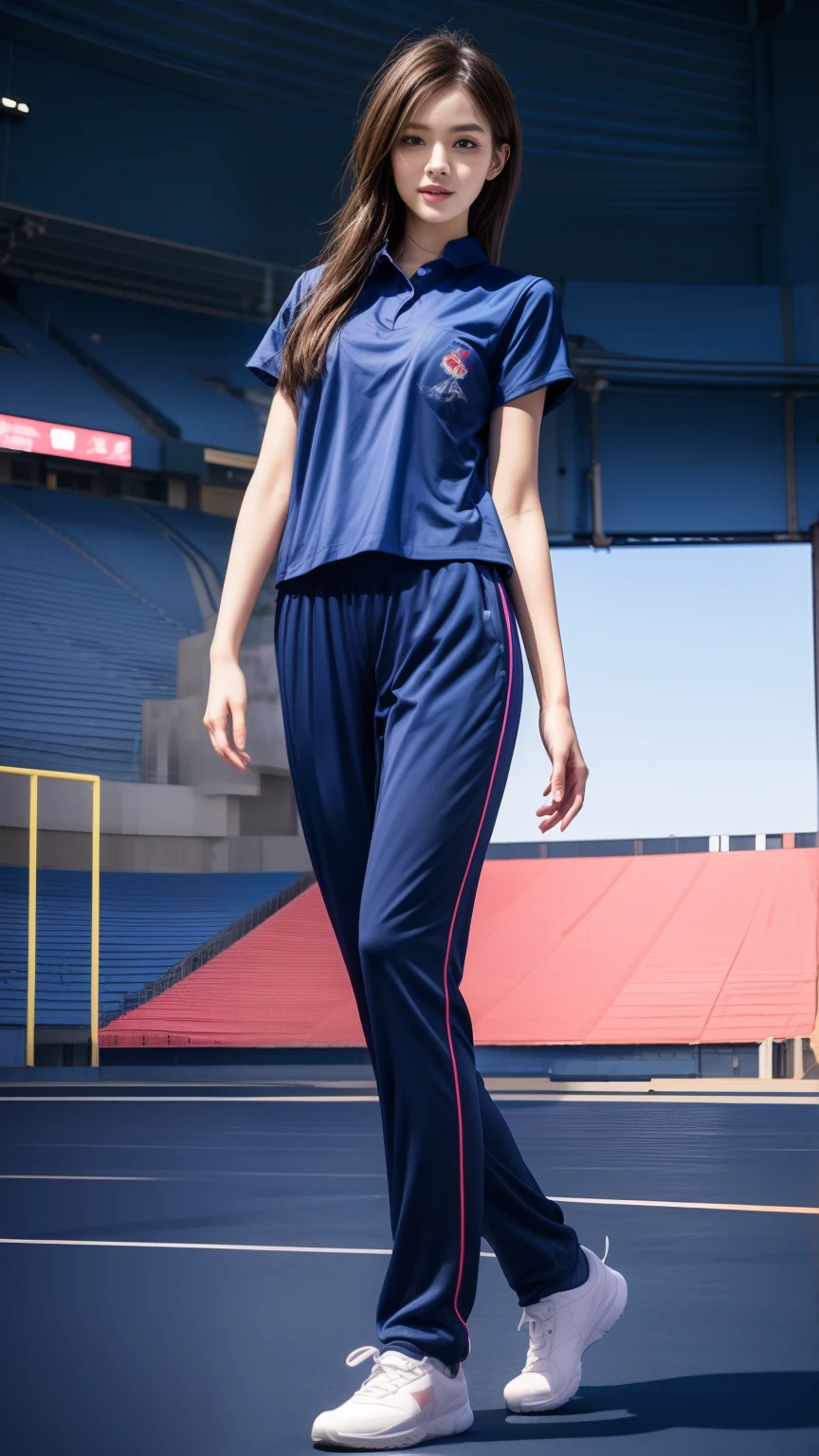 (bestquality,10,10,highres,masterpiece:1.2),ultra-detail,(Realistic,photorealistic portrait,photo-realistic:1.37),1 Cute girl in the football field,oily shiny skin,bara,light smile,BDclothes,((blue shirt:1.3)),short sleeves,shirt, trousers.,(navy_long_Pants Track:1.1), ((Stadium Background:1.3)),dynamic angle,excited,face focus,Dynamic Poses,from behide,Ass Focus,masterpiece, bestquality, ultra realistic, hyper-detail, 8k resolution, RAW photo, crisp focus, ((Navy blue shirt:1.1)), short sleeves, Long Path, Perfect body, 2 mature women, 18yo, cinematic light,Blue sweatpants,Gymware,Correct anatomy,Complete body, Correct body, sharp face, Anatomically correct body, full entire body, Realistic gestures, long-haired, Realistic poses,Wear long shorts..............,Long leg span,Shapely,Sculpting Girl, Slender Figure, mannequin mannequins, Shapely, Beautiful body,Blue sweatpants