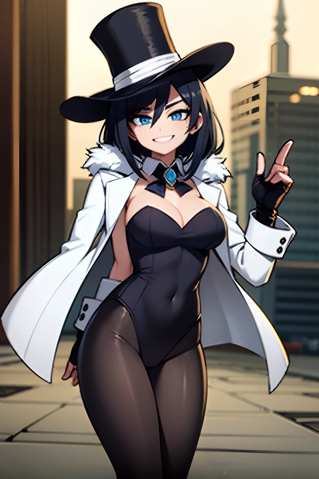 girl, dark blue hair, black leggings, white fur jacket, wearing top hat, Top Hat Wizard, 4k, in a city, smiling masterpiece, tattoed breasts