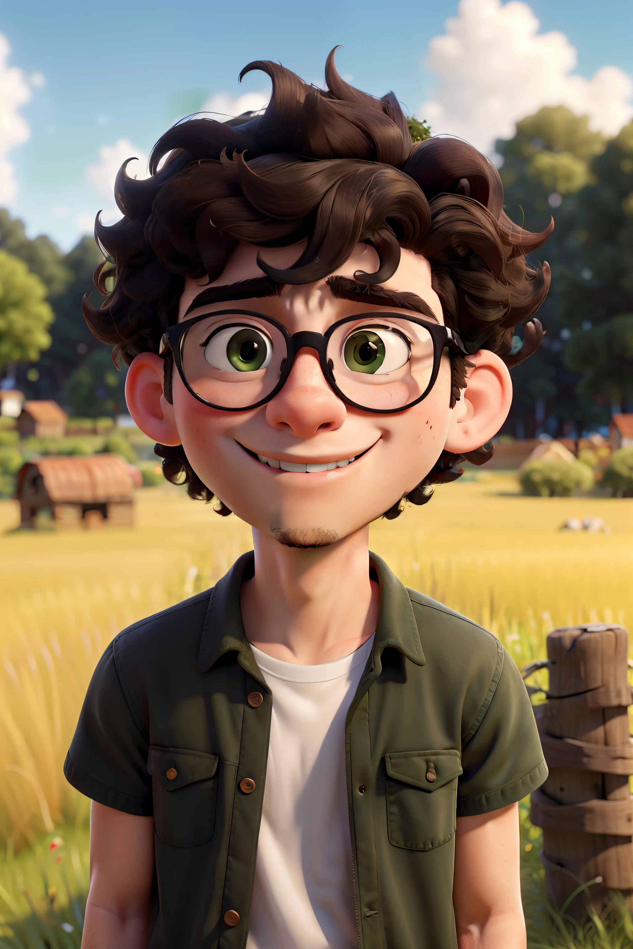 Masterpiece, best quality, a white boy, 19 years old in happy position, round face, rayban glasses, black hair, curly hair, unruly hair, messy hair in a green and grassy field.