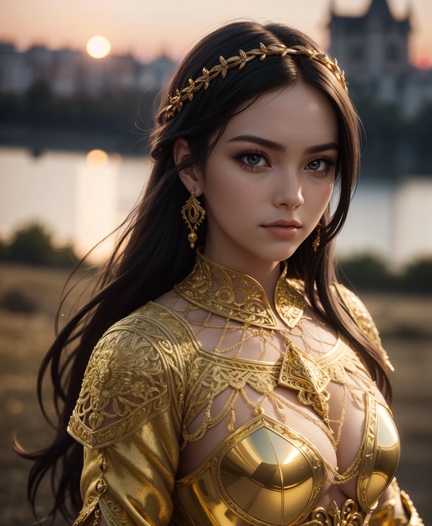 Portrait of a girl, the most beautiful in the world, (medieval gold shining armor), gold metal reflections, upper body, outdoors, intense sunlight, far away castle, professional photograph of a stunning woman detailed, perfect bobbed sexy intense black hair, sharp focus, dramatic, award winning, cinematic lighting, volumetrics dtx, (film grain, blurry background, blurry foreground, bokeh, depth of field, sunset,interaction, Perfect gold chainmail), (masterpiece), (extremely intricate:1.3), (realistic),