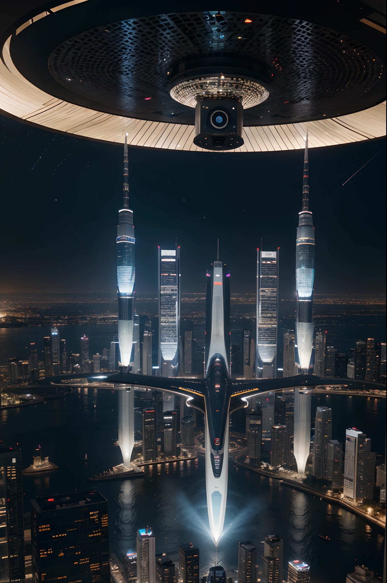 Wide angle shot of an African empire with African designed buildings, fly over glass tunnels in the sky, metallic and chrome flying cars in the sky, futuristic drones flying in the sky, hologram neon billboards on tall african designed sci-fi buildings, night time moon and stars shining, with iridescent light, scifi art, cinematic lighting, artgerm style, 32k, ultra HD, unreal engine rendered, hyper-realistic image,