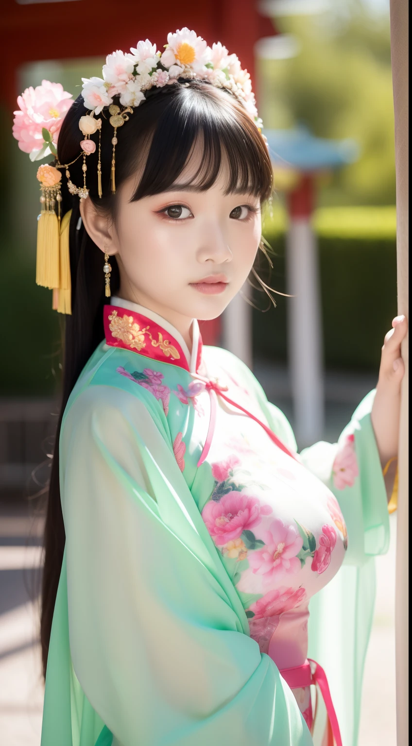 Close-up of a young girl in a pink dress and a green flower headdress, China Princess, Chinese girl, Palace , A girl in Hanfu, Young Asian girl, Princesa chinesa antiga, Cute young girl, Chinese style, young girl, cute beautiful, Beautiful character painting, beautiful portrait image, Very beautiful girl, Asian girl, Chinese traditional, Chinese costume,Large breasts