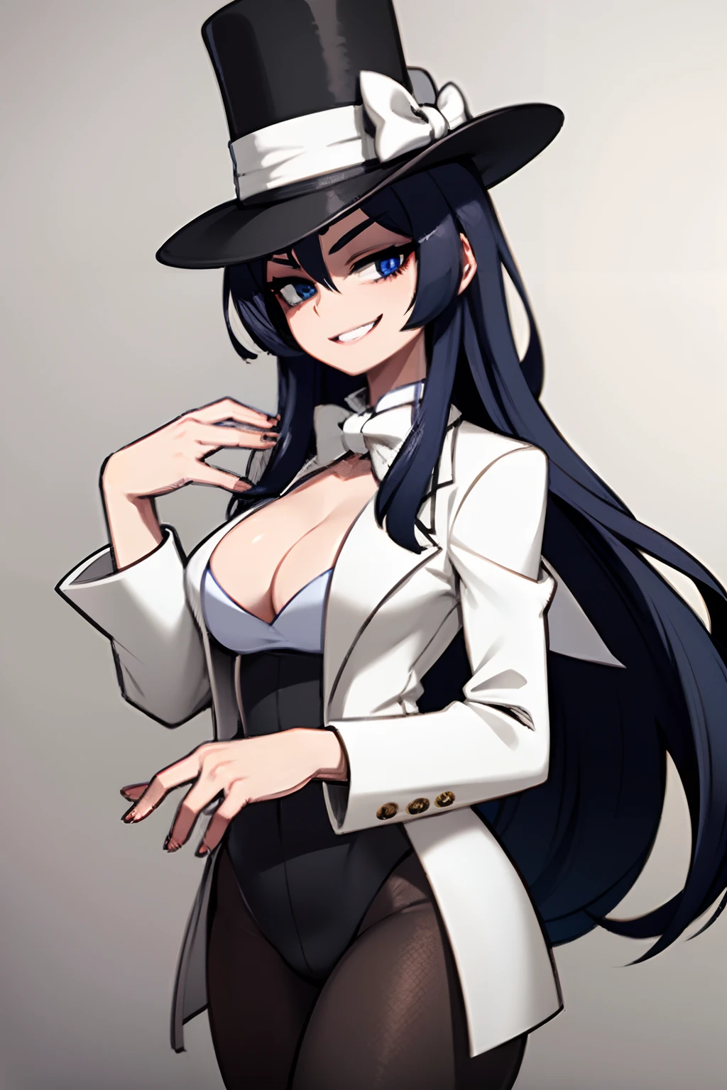 girl, dark blue hair, black leggings, white fur jacket, wearing top hat, Top Hat Wizard, 4k, in a city, smiling masterpiece, tattoed breasts