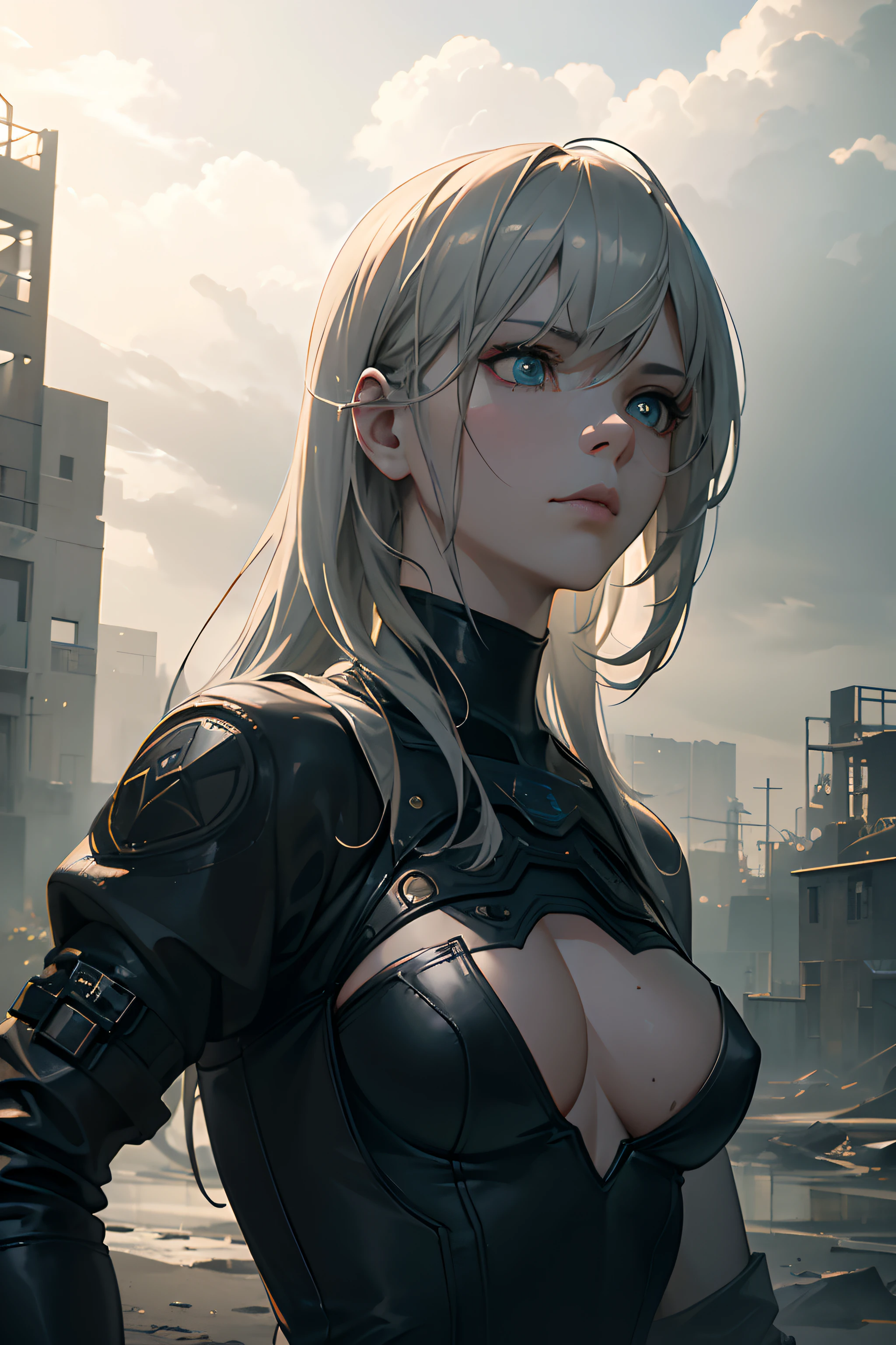 (best quality,4k,8k,highres,masterpiece:1.2),ultra-detailed,(realistic,photorealistic,photo-realistic:1.37),Nier automata,yorha type a no.2,dystopian future,nature reclaimed,gorgeous ruined city,humanoid android,mechanical precision,glowing blue eyes,metallic body,sharp-edged silhouette,military uniform,floating debris,hauntingly beautiful,post-apocalyptic atmosphere,vivid colors,soft sunlight through the clouds,ethereal beauty,moody lighting,subtle reflections,emotional portrait,action-packed,combat scene,mystical background ambiance,breathtakingly cinematic,dynamic perspective,drastic contrast,lonely protagonist,expressive facial features,sword with intricate designs,mysterious aura,overgrown vegetation,fallen structures,evokes a sense of melancholy,nonchalant pose,cool color tones,blurred motion,ruins of a technological era.