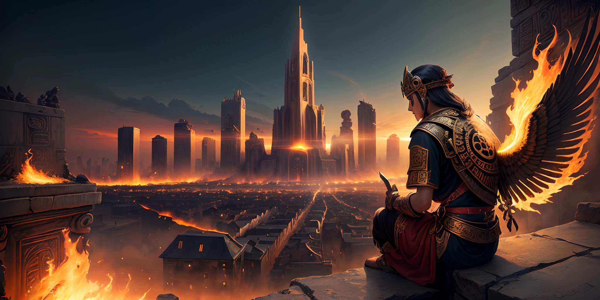 Ancient Mayans, God with wings And fire city scape with gold and skulls
