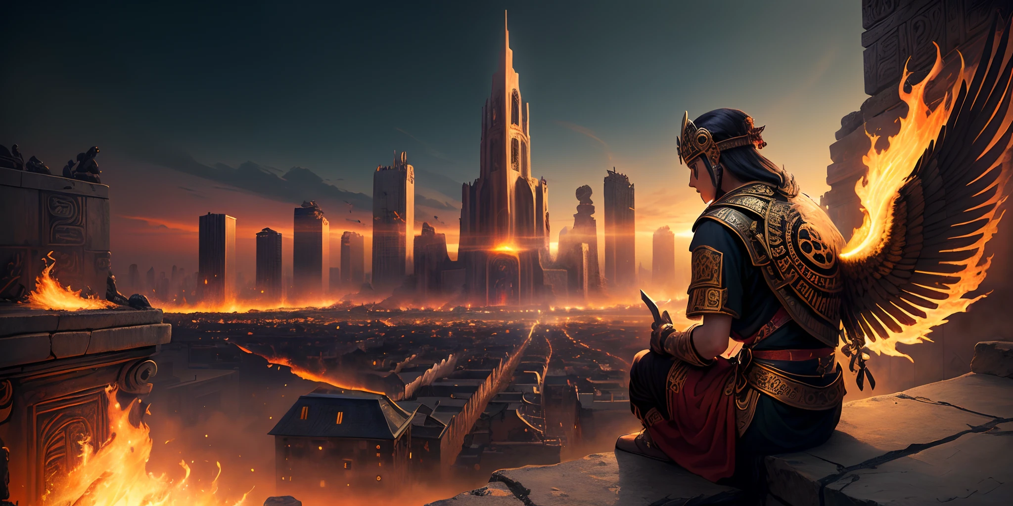 Ancient Mayans, God with wings And fire city scape with gold and skulls