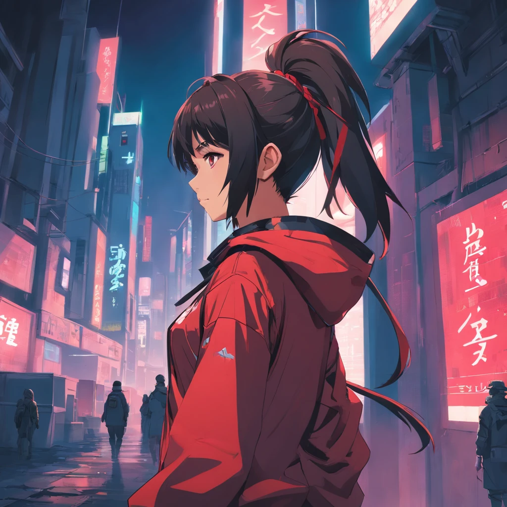 Futuristic cyberpunk girl(Tie a ponytail，The costume is in black and red tones),But the background is in the tomb expedition，Gloomy vibe